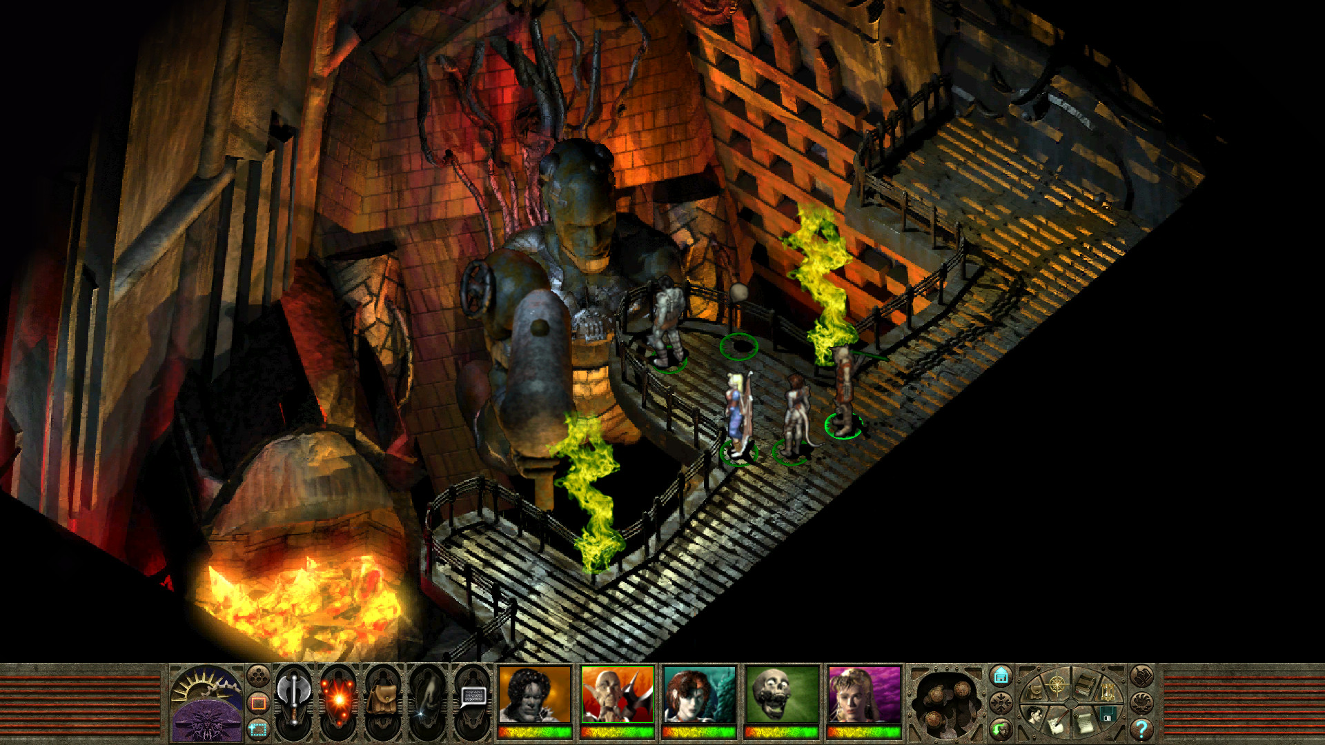 A party explores a dim isometric area near a forge.