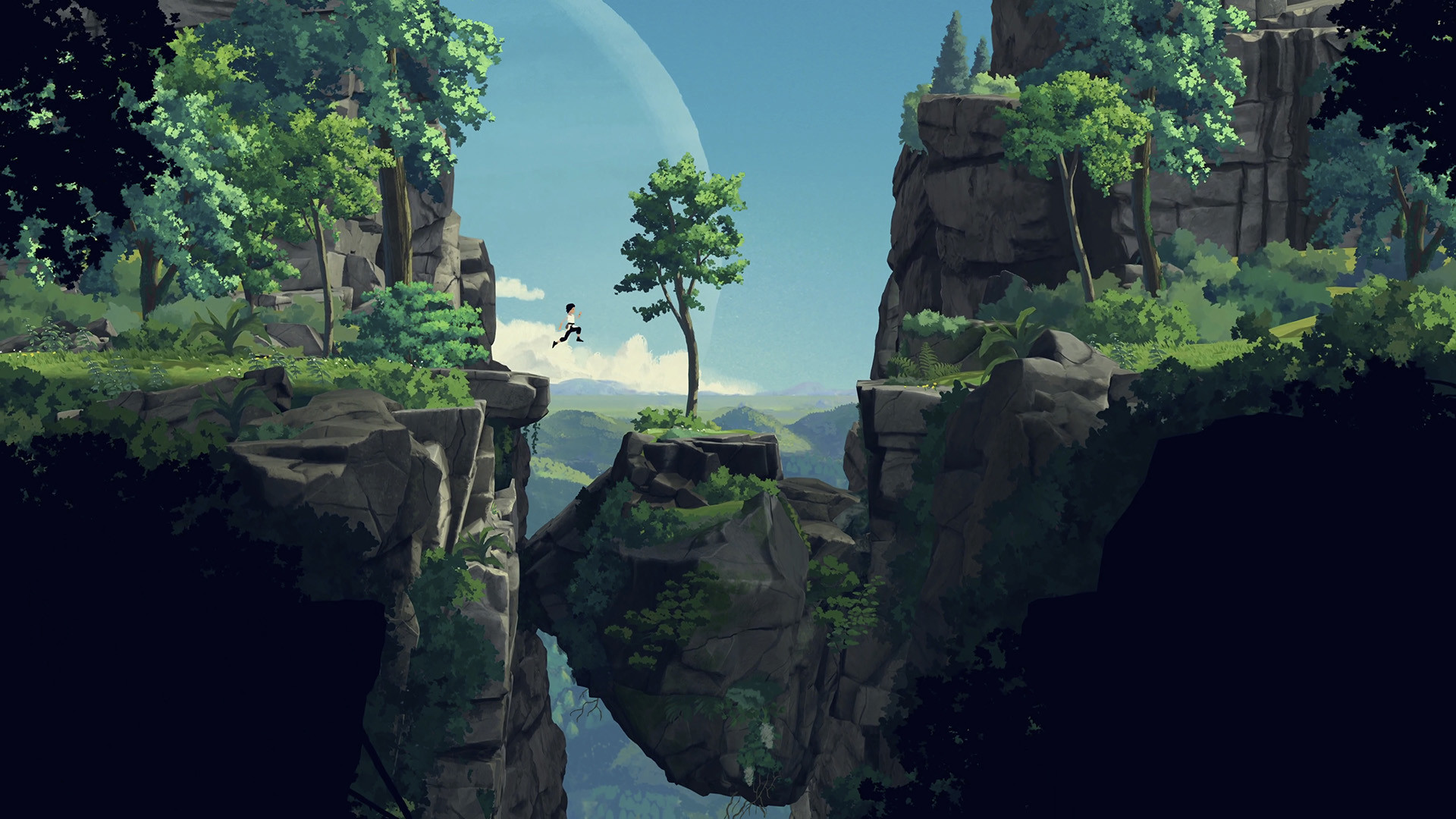 A character leaps across a wide gap between rocky cliffs.