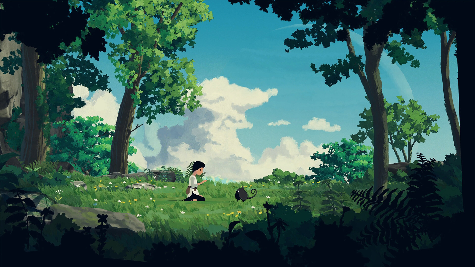 A girl and a small companion cross a green forest clearing.