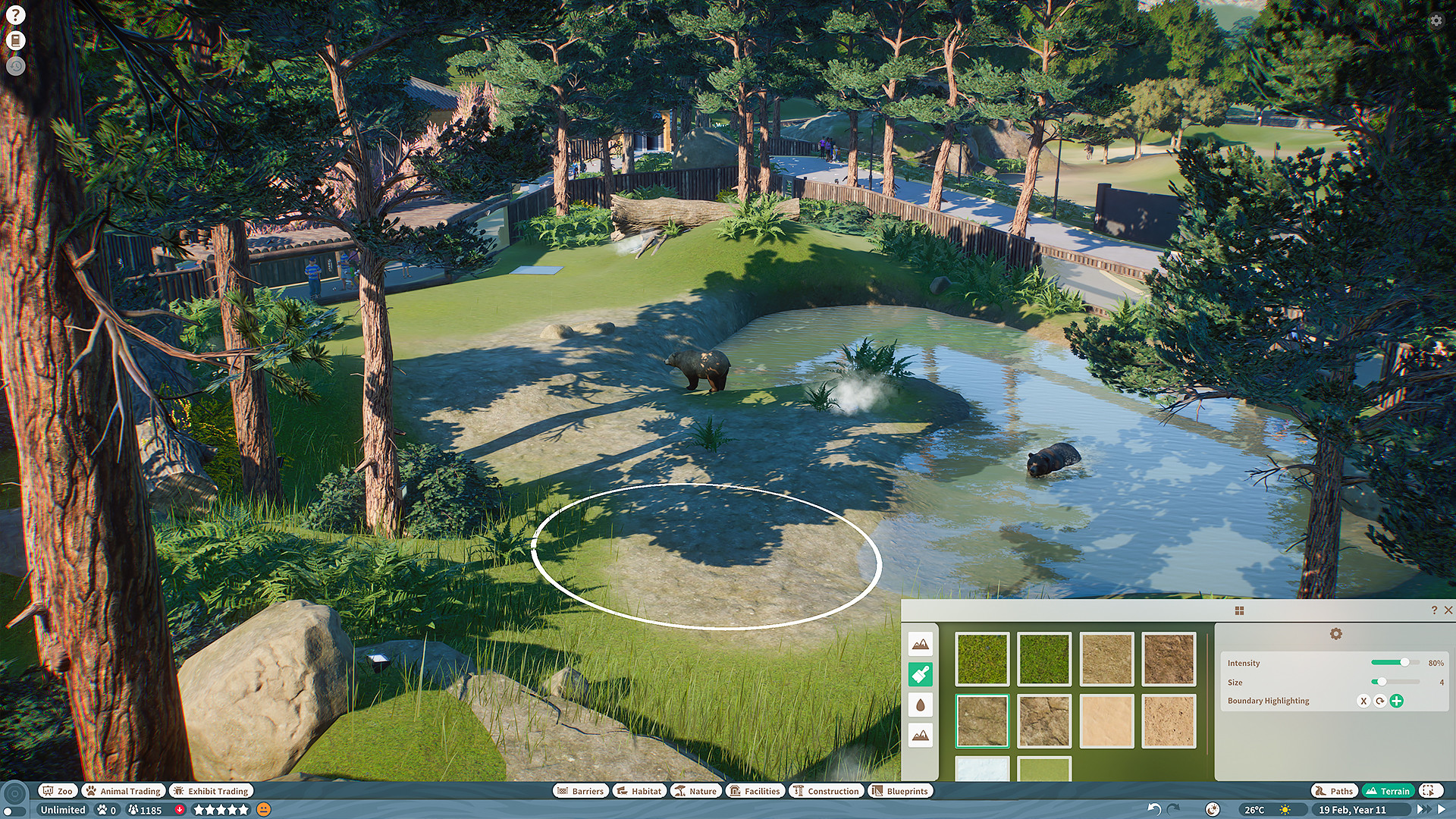 Habitat-building tools frame a landscaped enclosure.