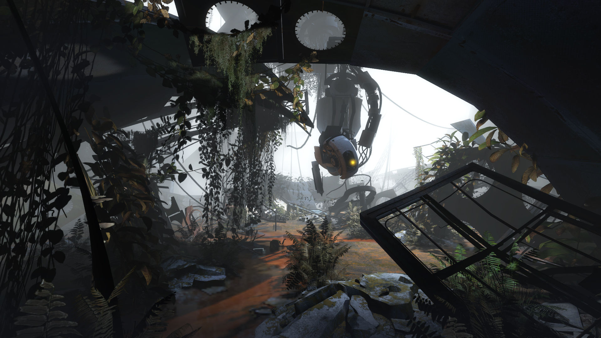 A damaged Aperture facility is overgrown with plants.