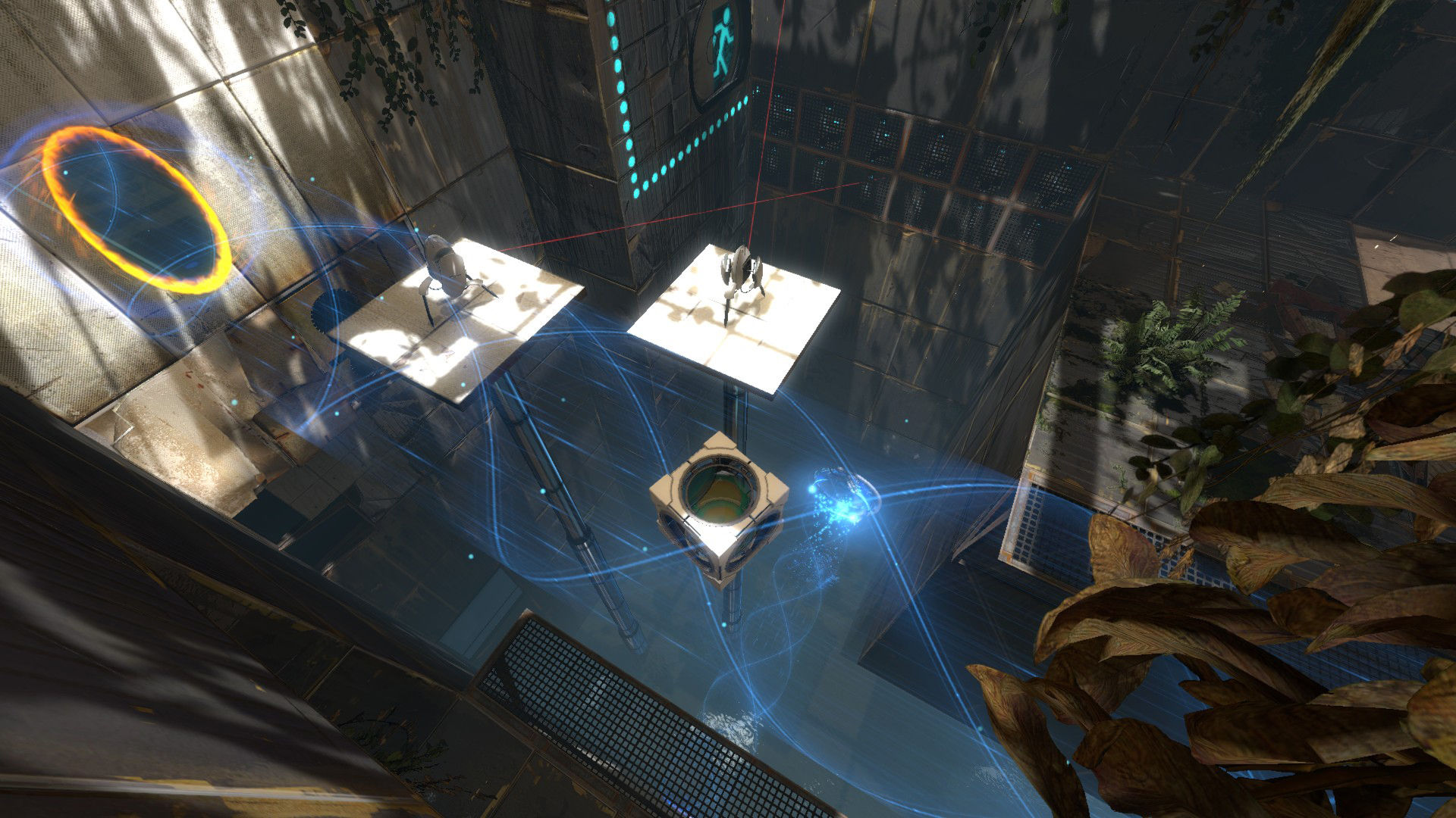 Portals and an energy beam cross a test chamber.