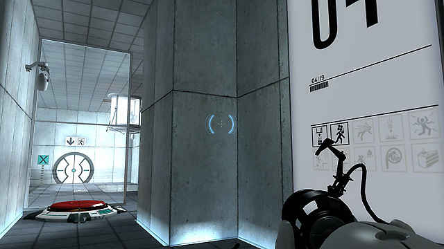The portal gun points towards a test-chamber corridor.
