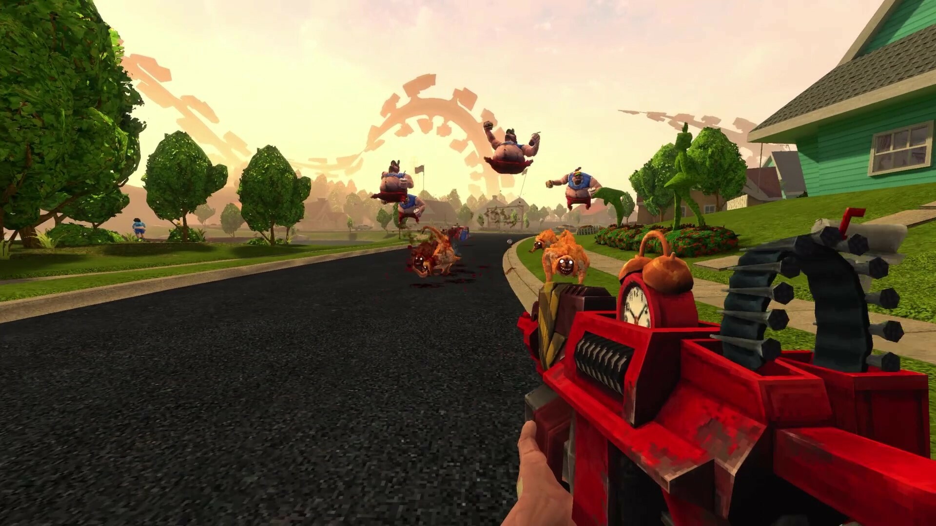 The player aims a red firearm down a suburban street.
