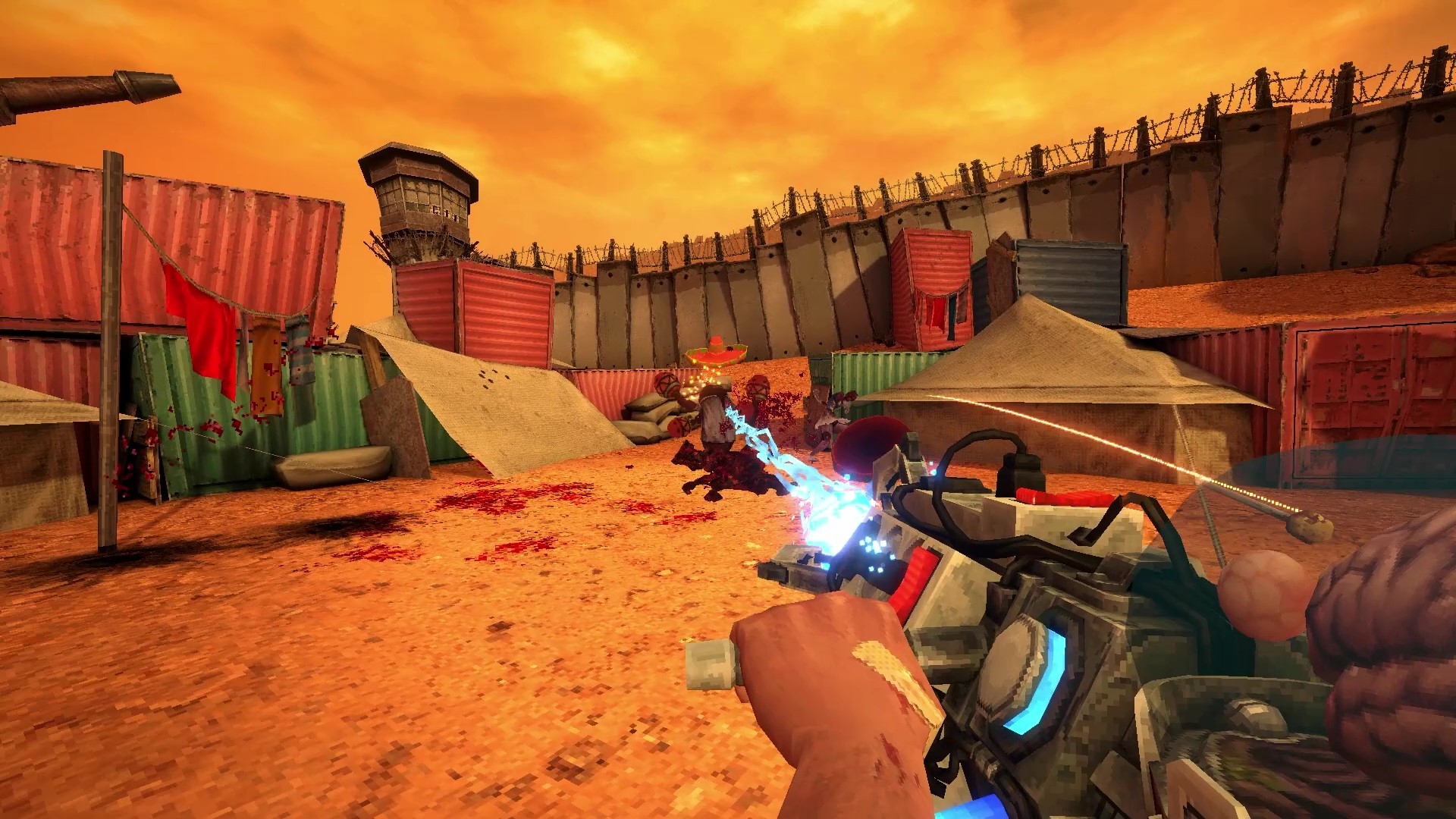 The player fires across a desert compound beneath an orange sky.