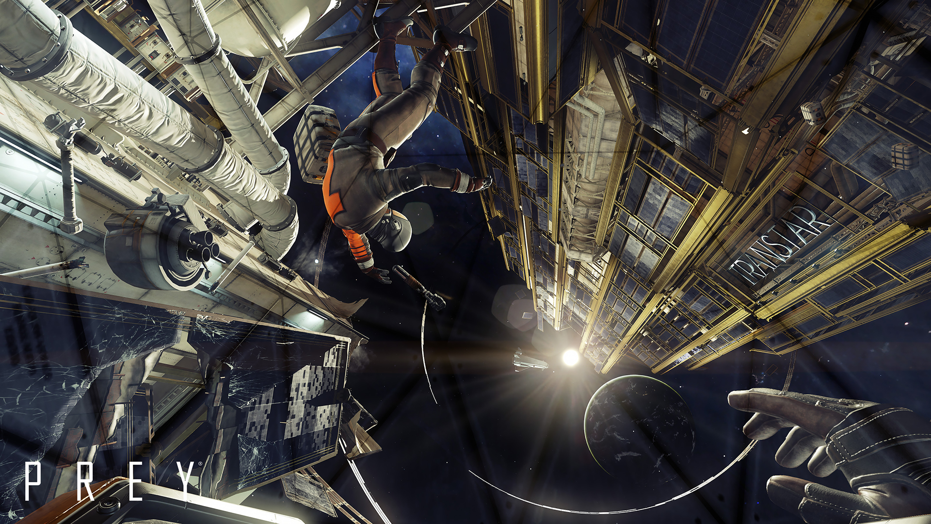 A view of the Talos I exterior during zero-gravity exploration.
