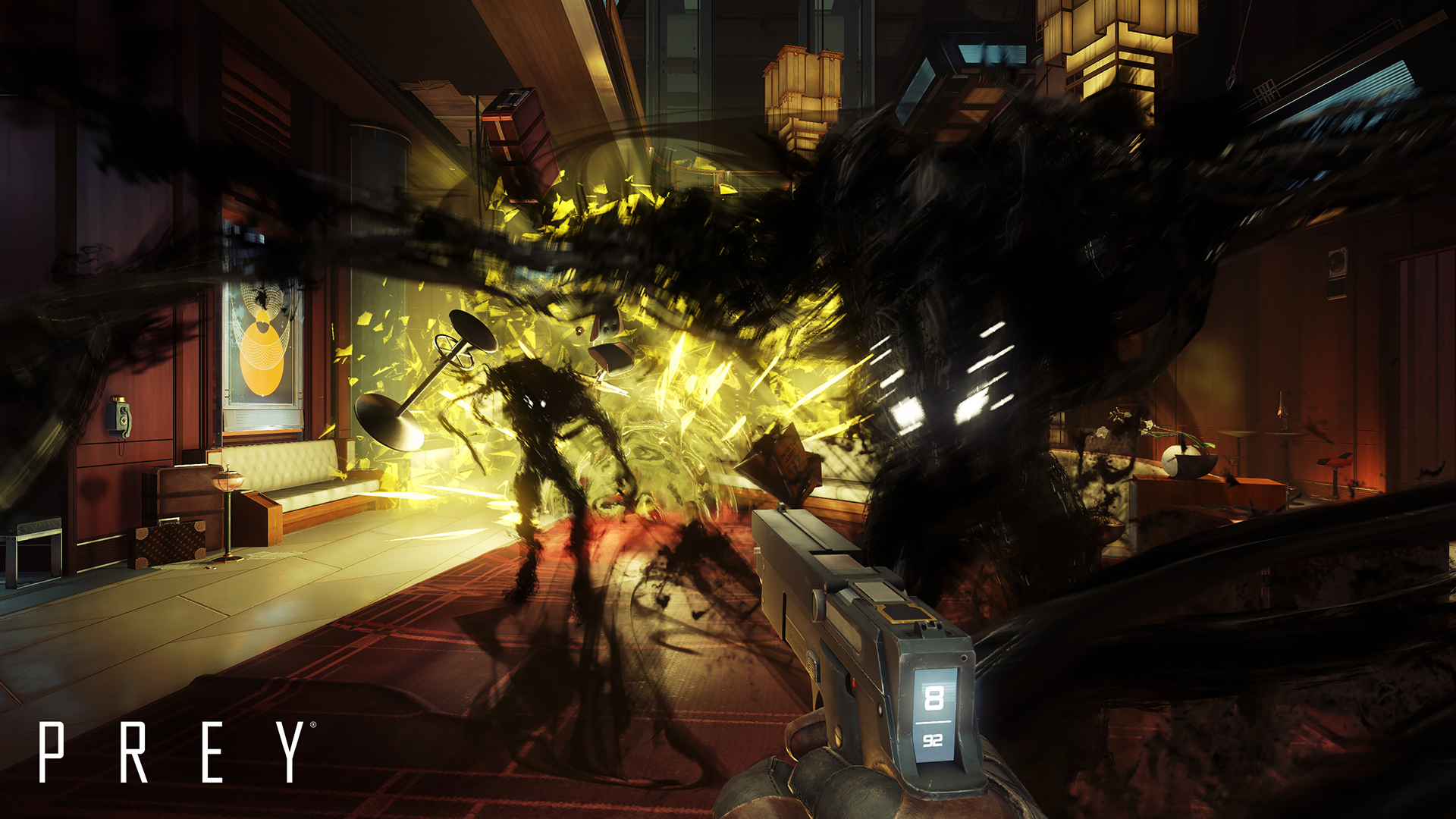 A hostile creature advances through a station corridor.