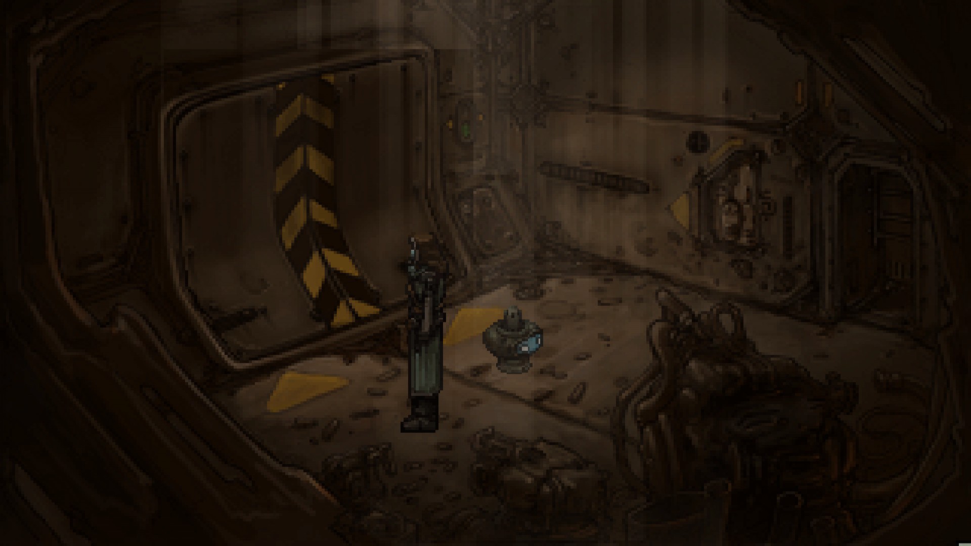 Horatio stands in the doorway of an old machine with Crispin nearby.