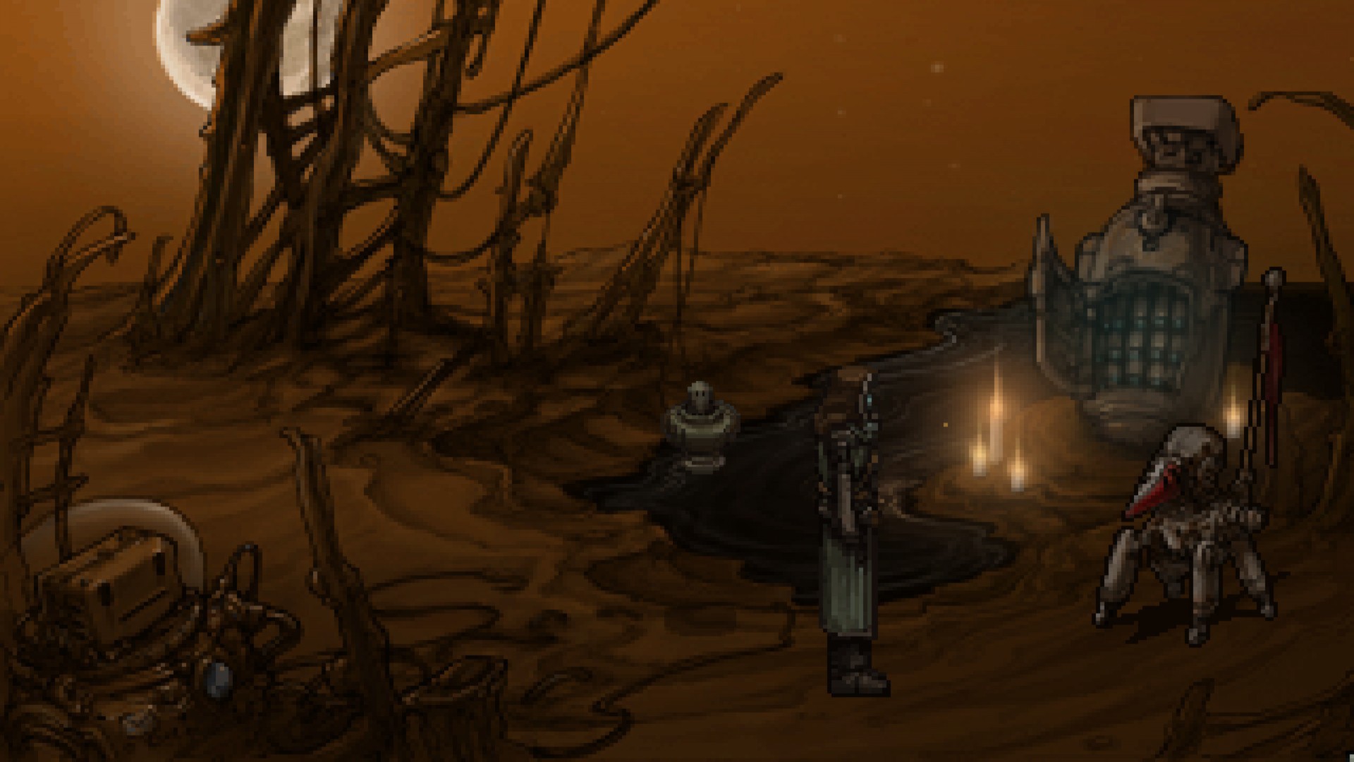 A vast, rust-coloured wasteland stretches beyond the robot’s shelter.