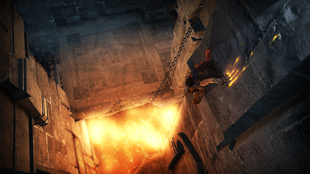 The Prince climbs a stone wall above a glowing hazard.