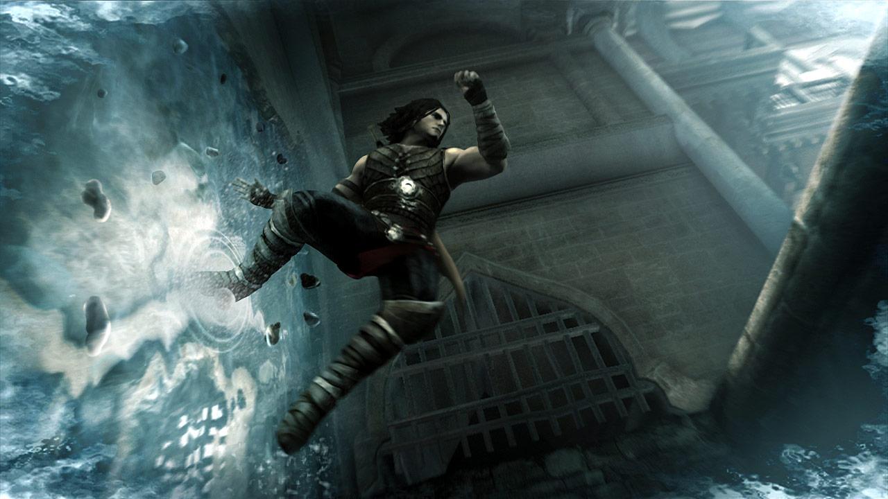 The Prince leaps beside a surge of water and debris.