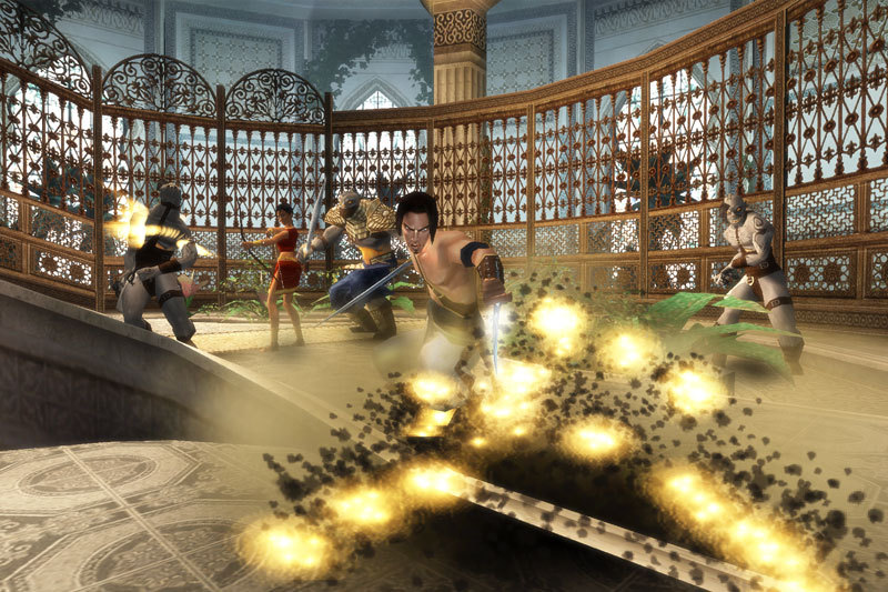 The Prince fights enemies inside a decorated hall.