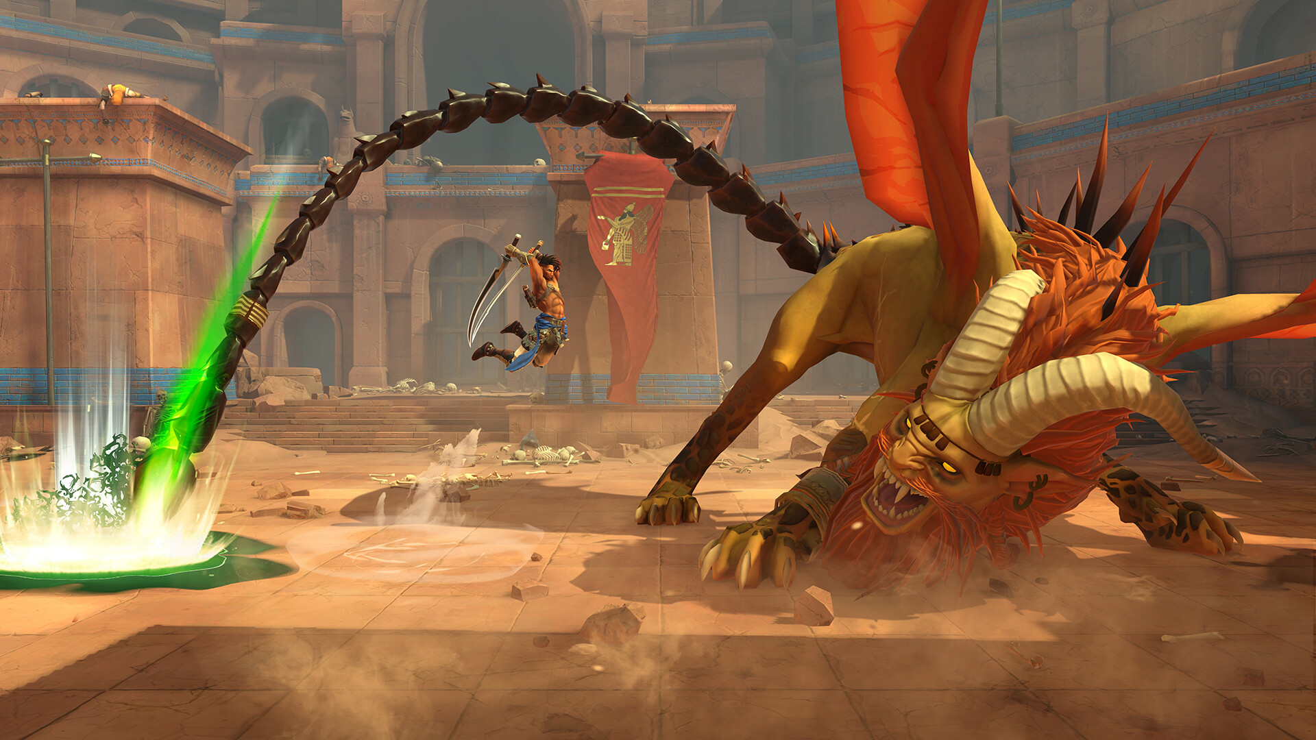 Sargon faces a large creature in an ornate arena.
