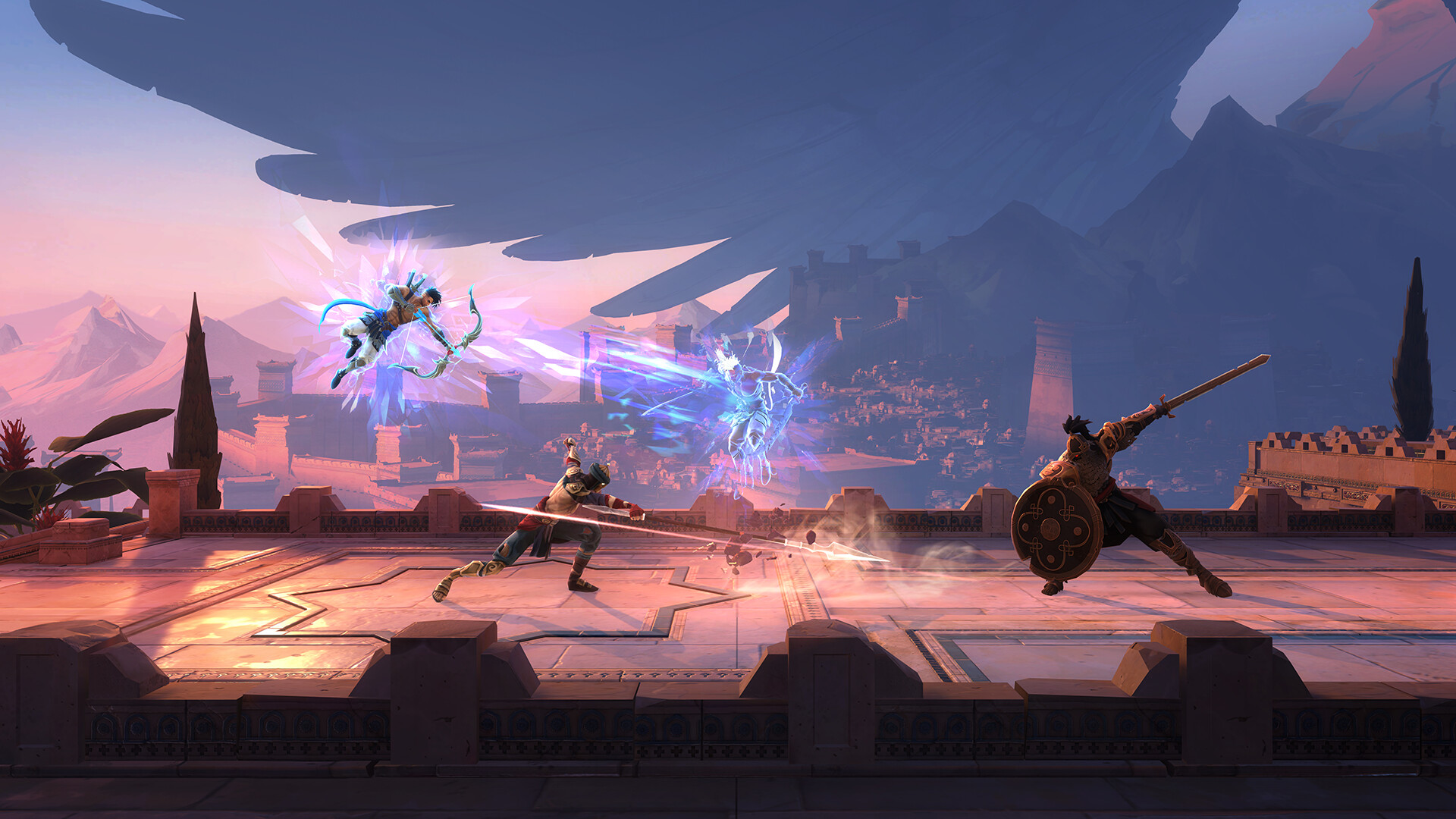 Sargon fights armed enemies across a ruined platform.
