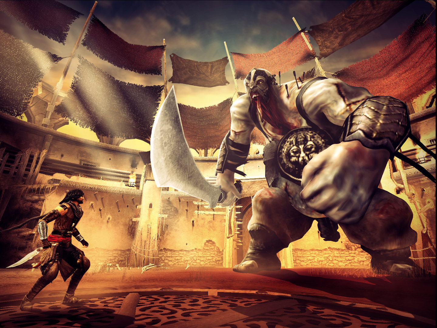 The Prince faces a giant armored enemy in a sunlit arena.