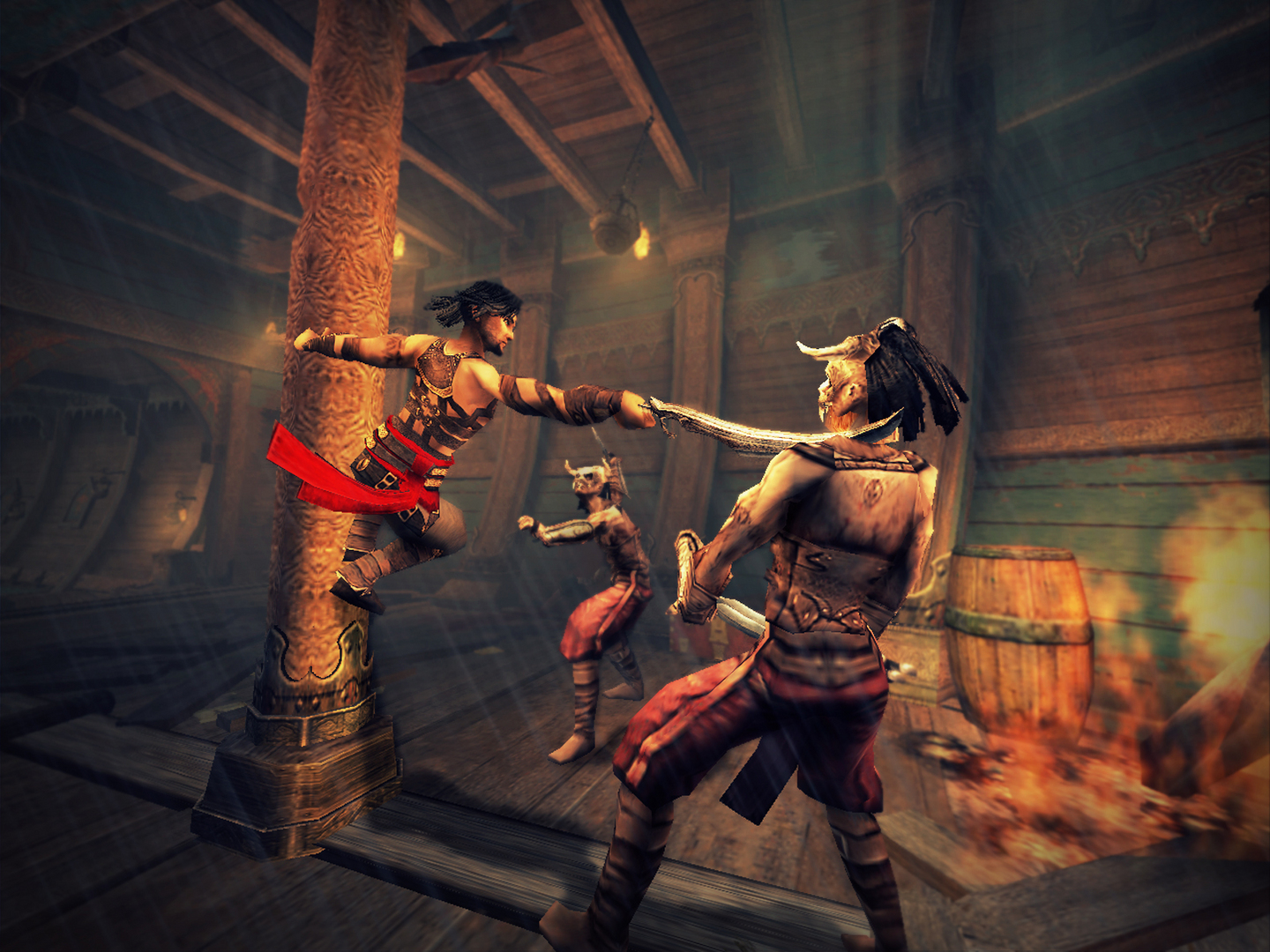 The Prince fights armed opponents in a dim chamber.