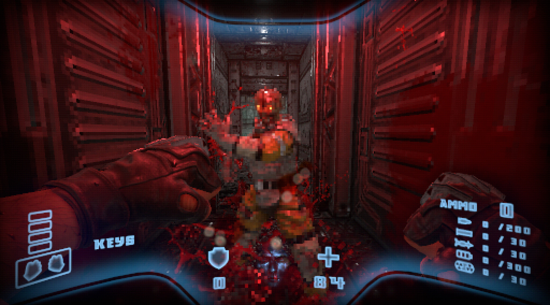 The player confronts a large enemy in a narrow red-lit corridor.