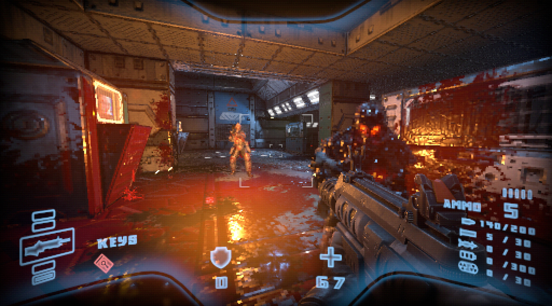 The player aims at enemies inside an industrial room.