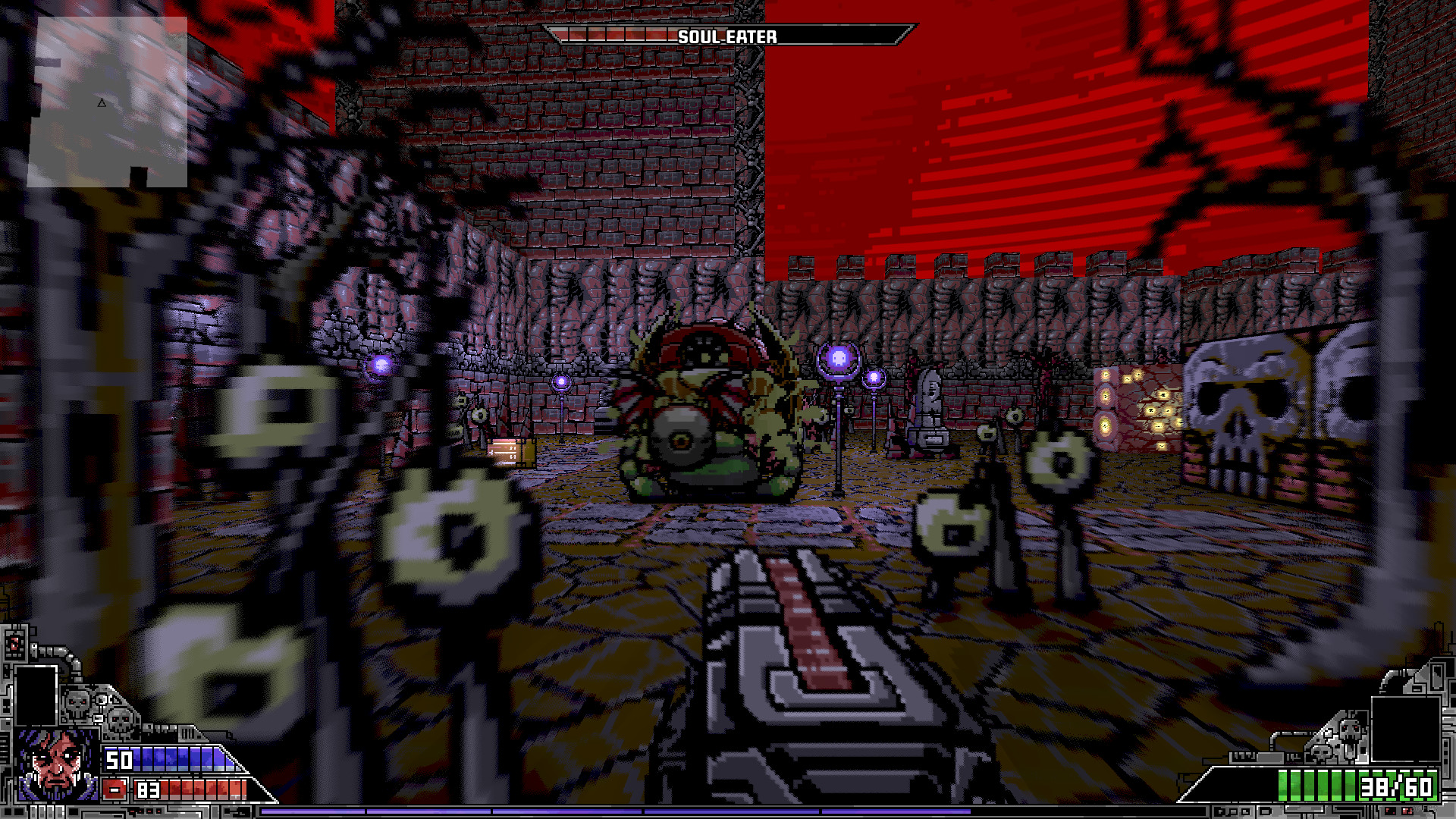 Several floating eyes confront the player inside a stone room.