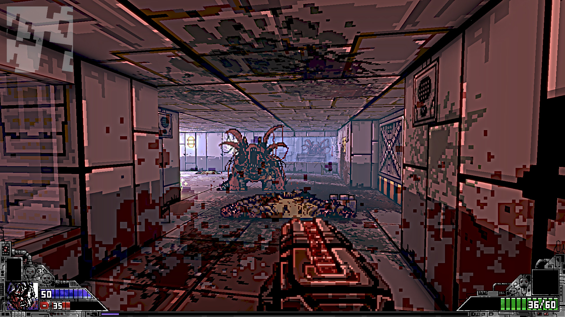The player faces an enemy at the end of a damaged corridor.