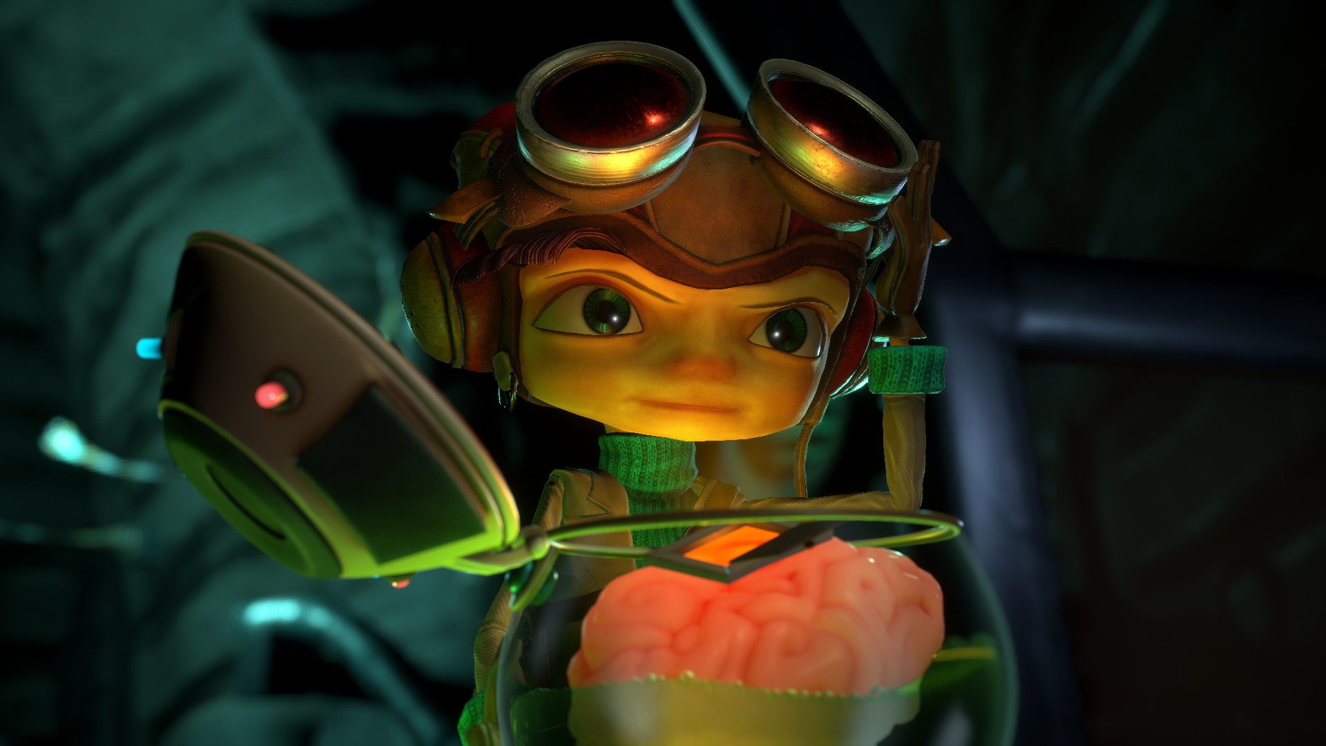 Raz inspects a brain in a jar.