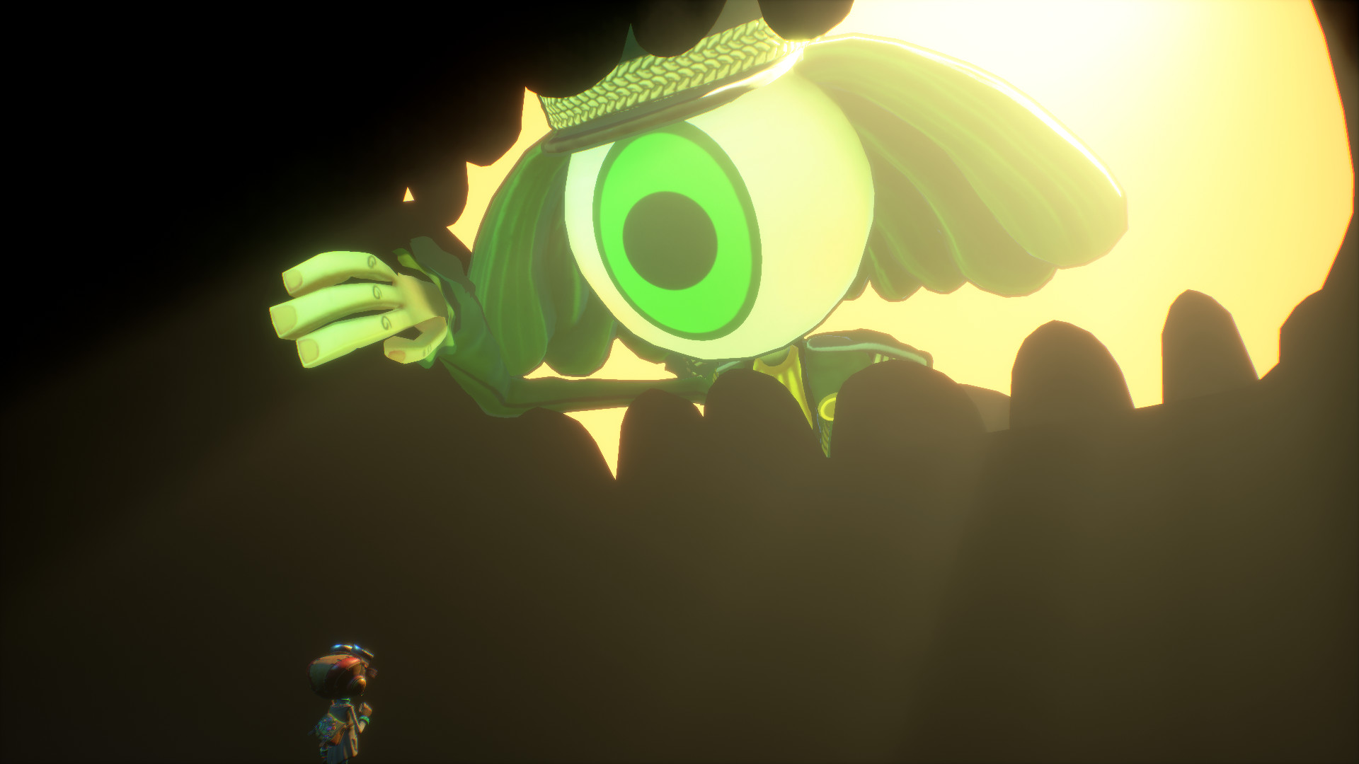 Raz faces a huge green eye in a surreal landscape.