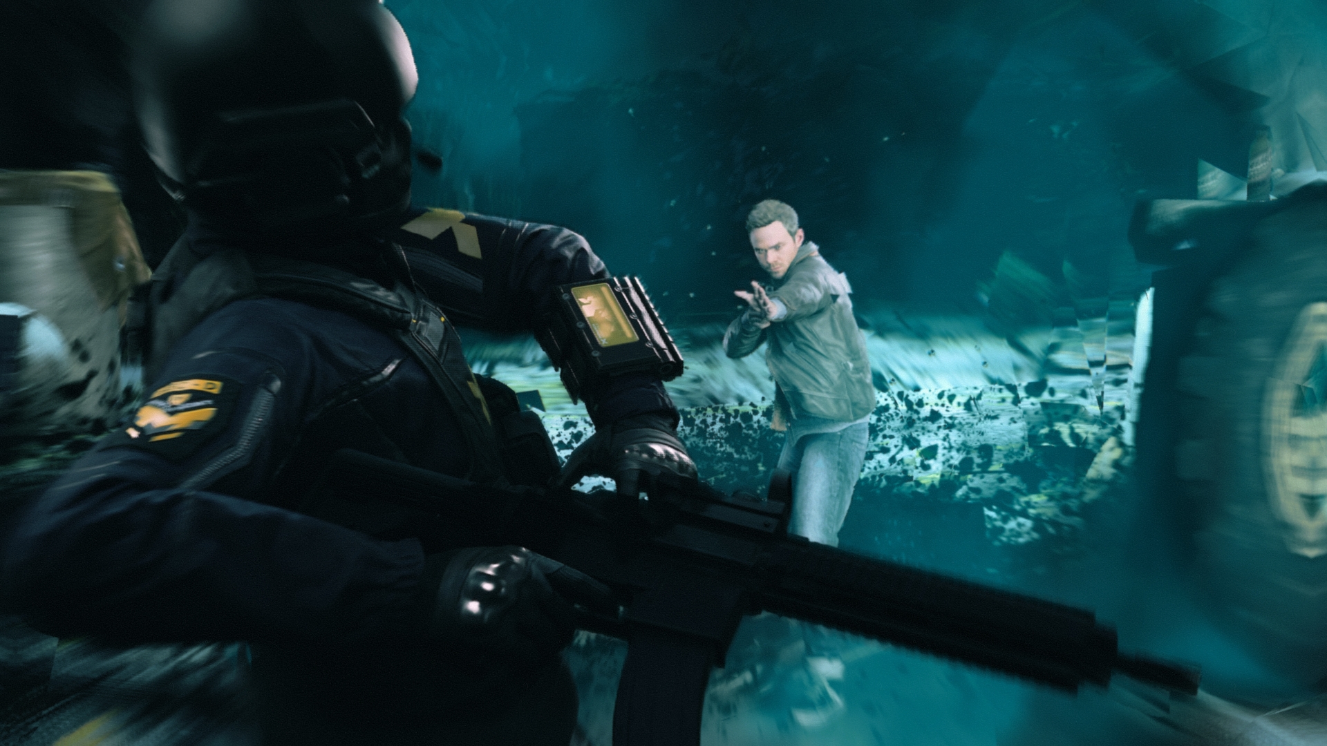 Jack faces an armoured soldier amid a blue time distortion.