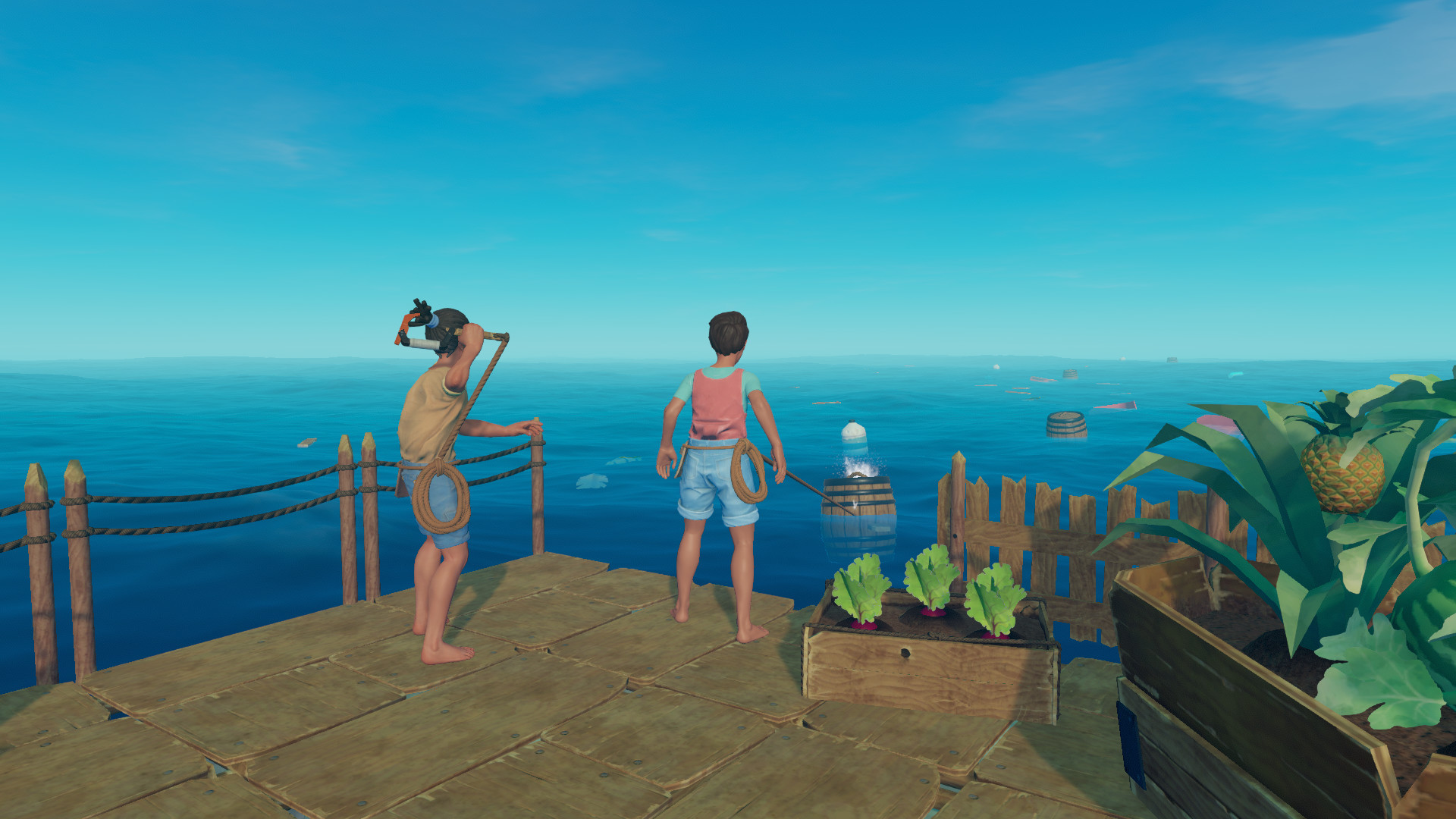 Two survivors stand on a garden raft overlooking the ocean.