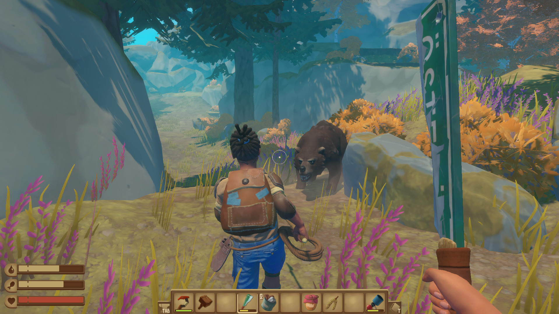A survivor approaches a bear on an island.