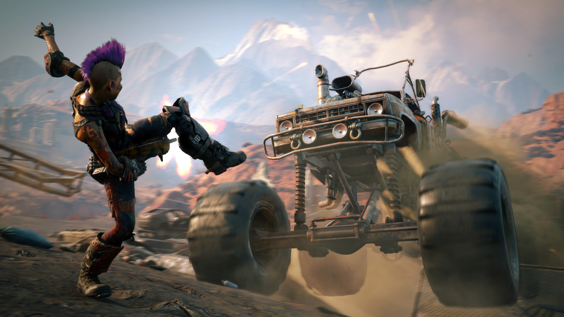 A fighter evades a large vehicle on a desert road.