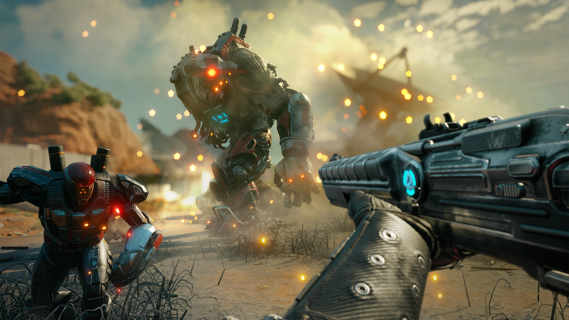 A heavy mutant advances under fire in a rocky area.