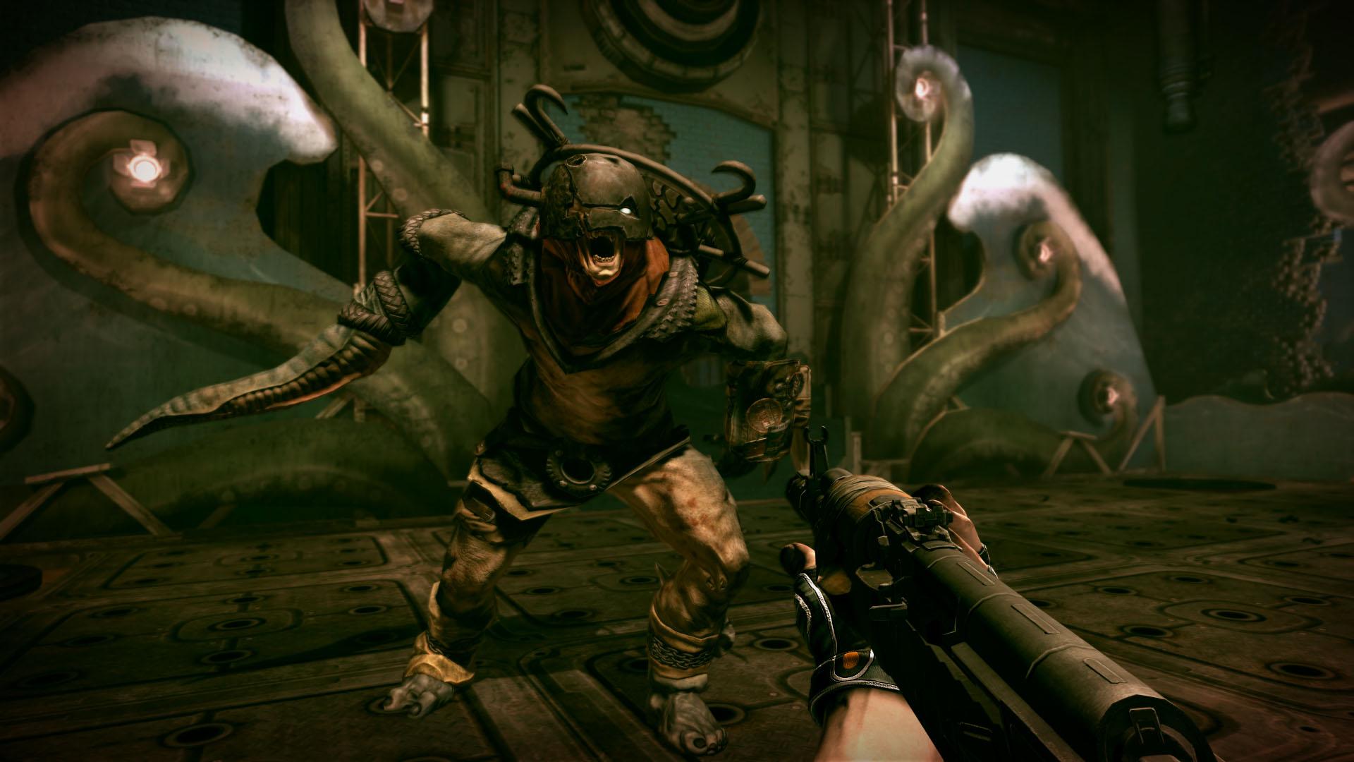 A club-wielding mutant charges in a mechanical room.