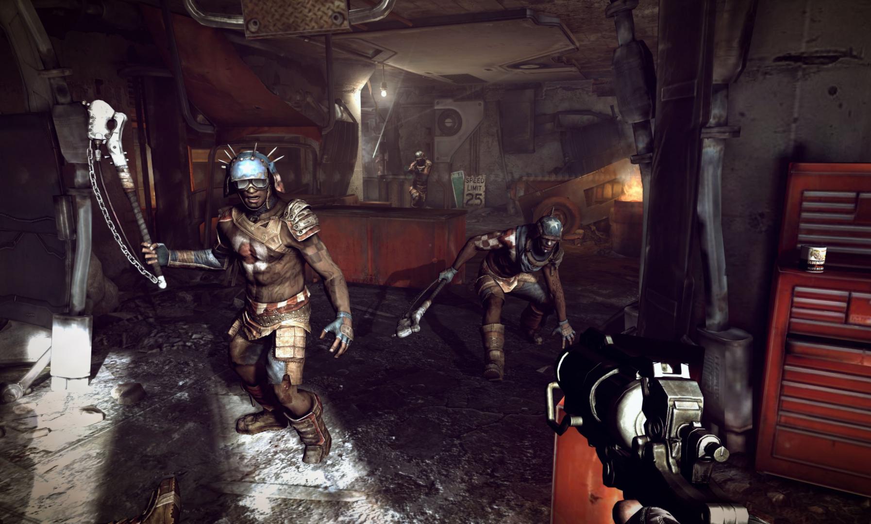 Armed bandits rush through a dim workshop.