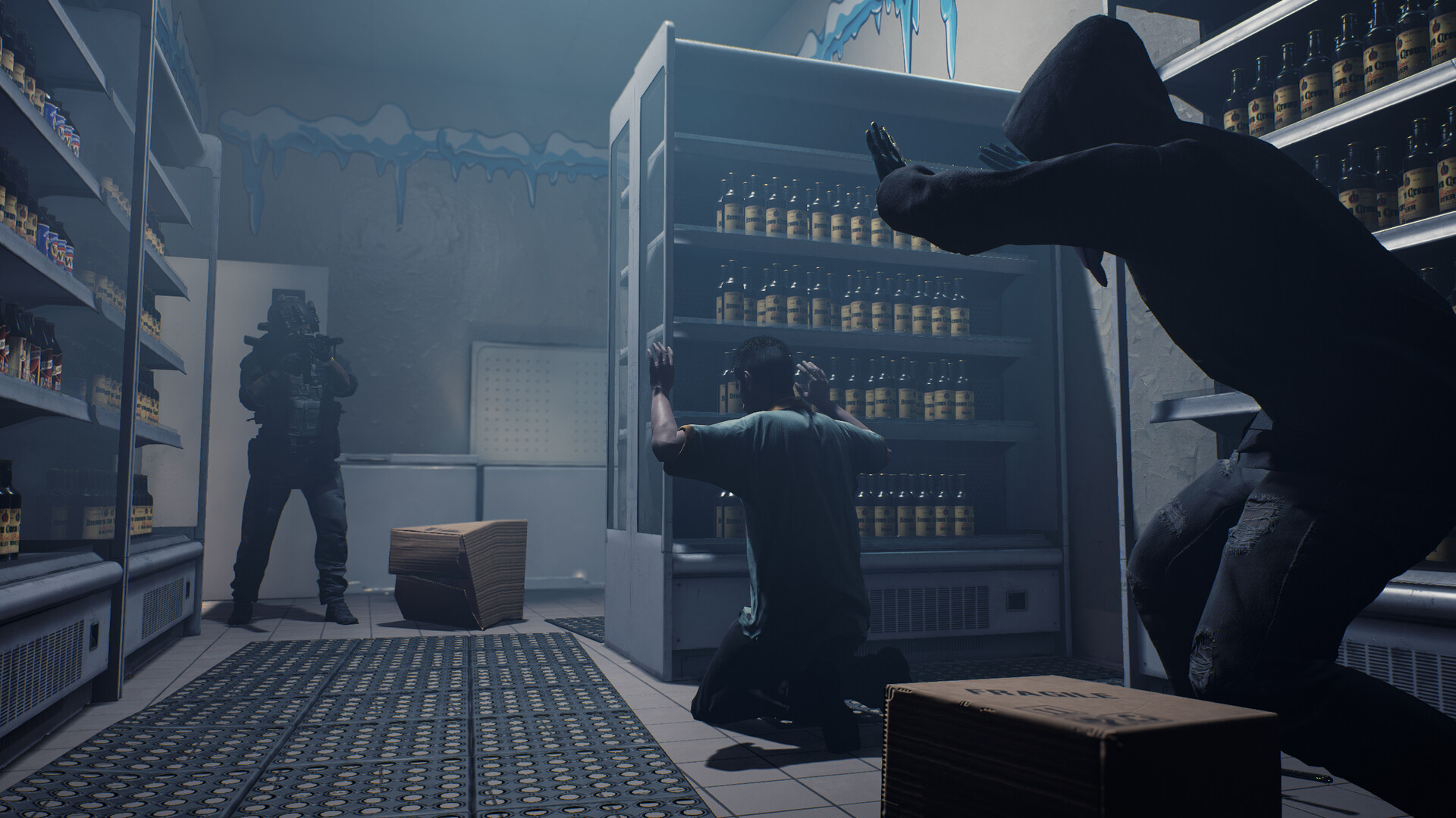 An officer approaches armed suspects and a civilian inside a shop.