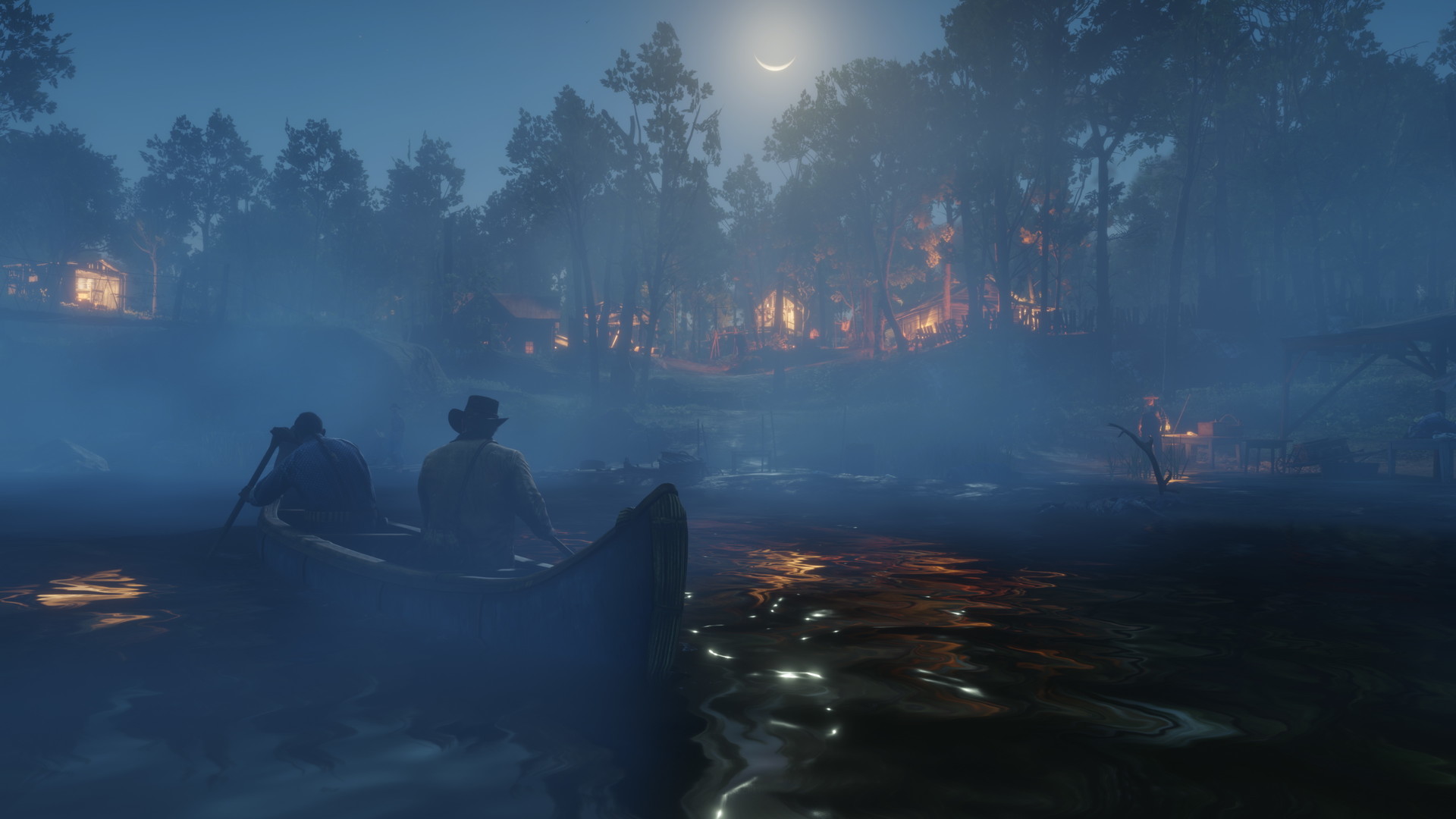 A canoe crosses a wooded river at night.