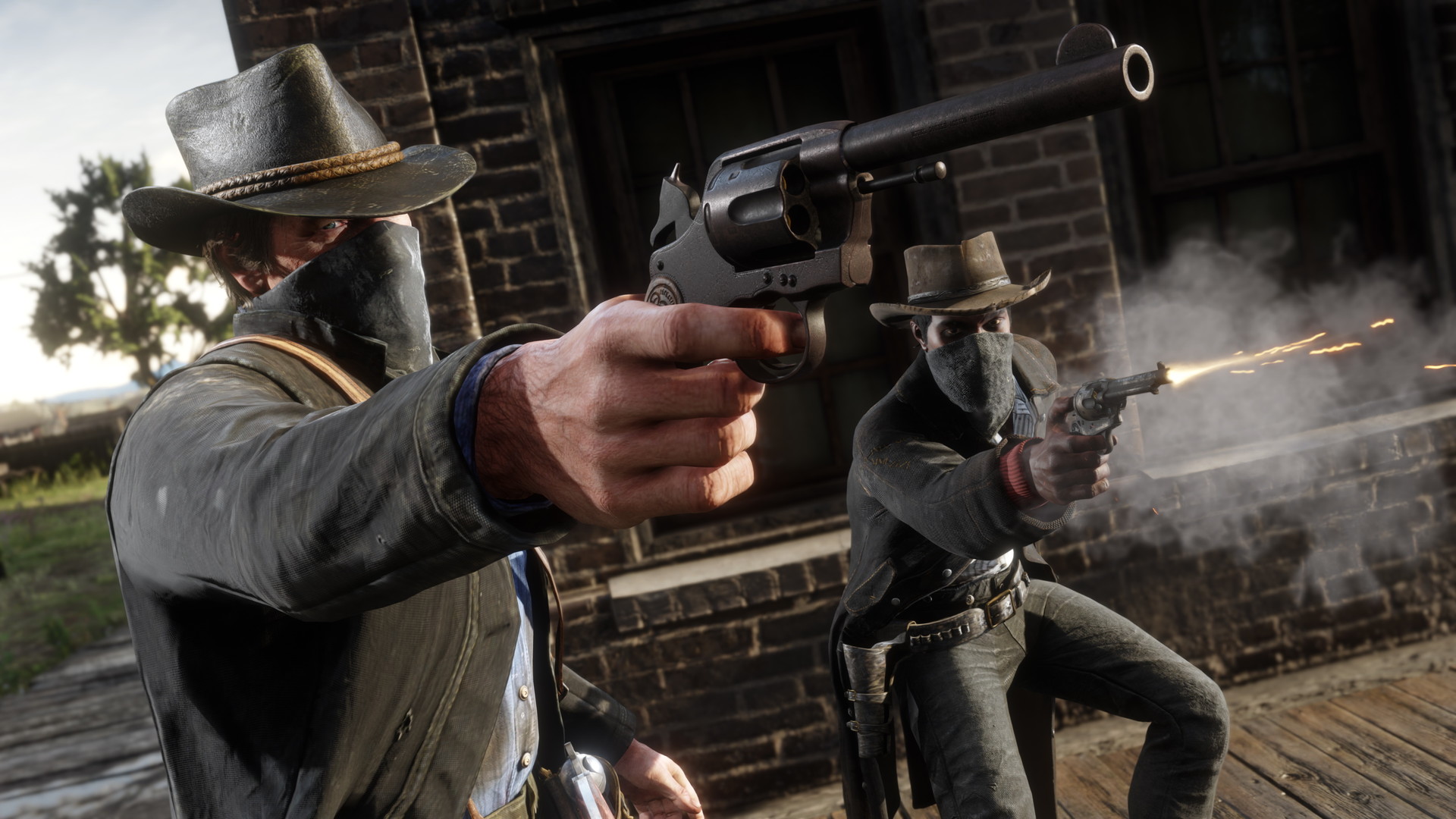 A gunslinger fires two revolvers beside a wooden building.