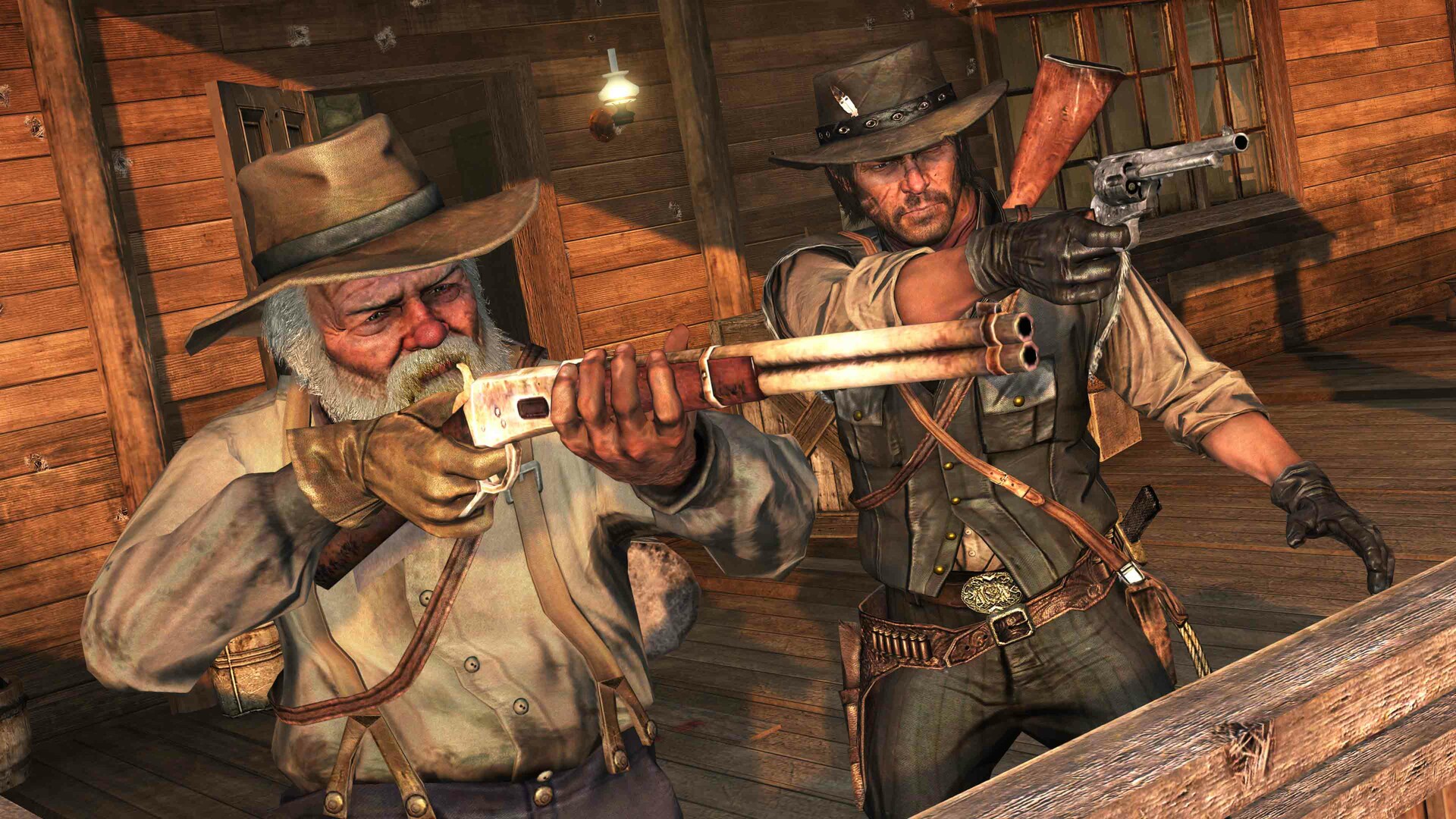 John Marston and a companion aim revolvers from a wooden building.