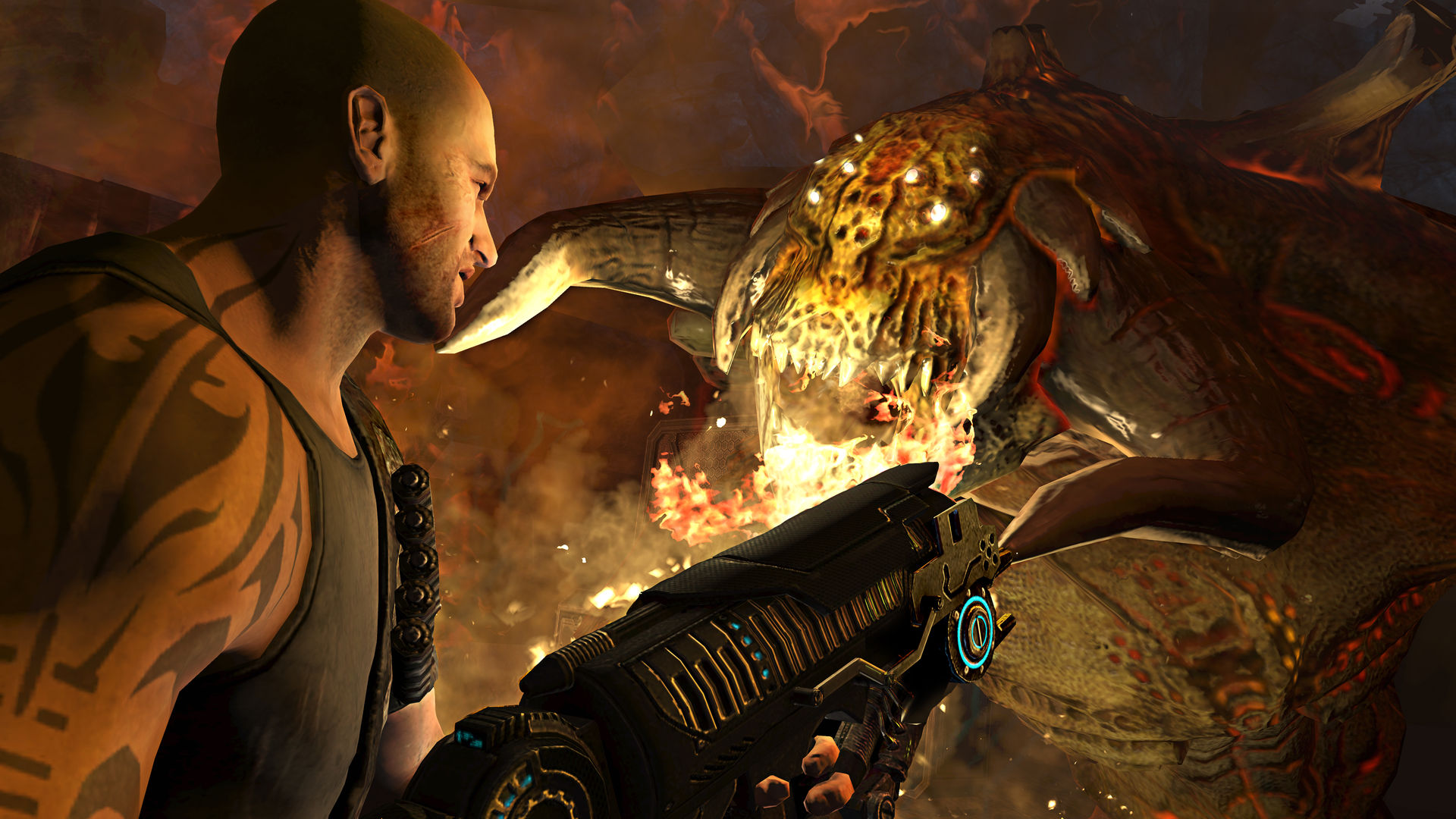 Darius faces a large alien creature at close range.