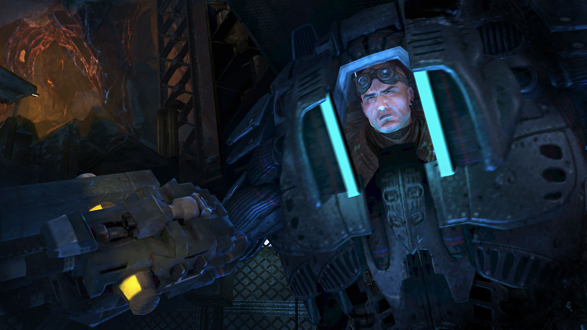 An armoured figure looks through a machine cockpit.