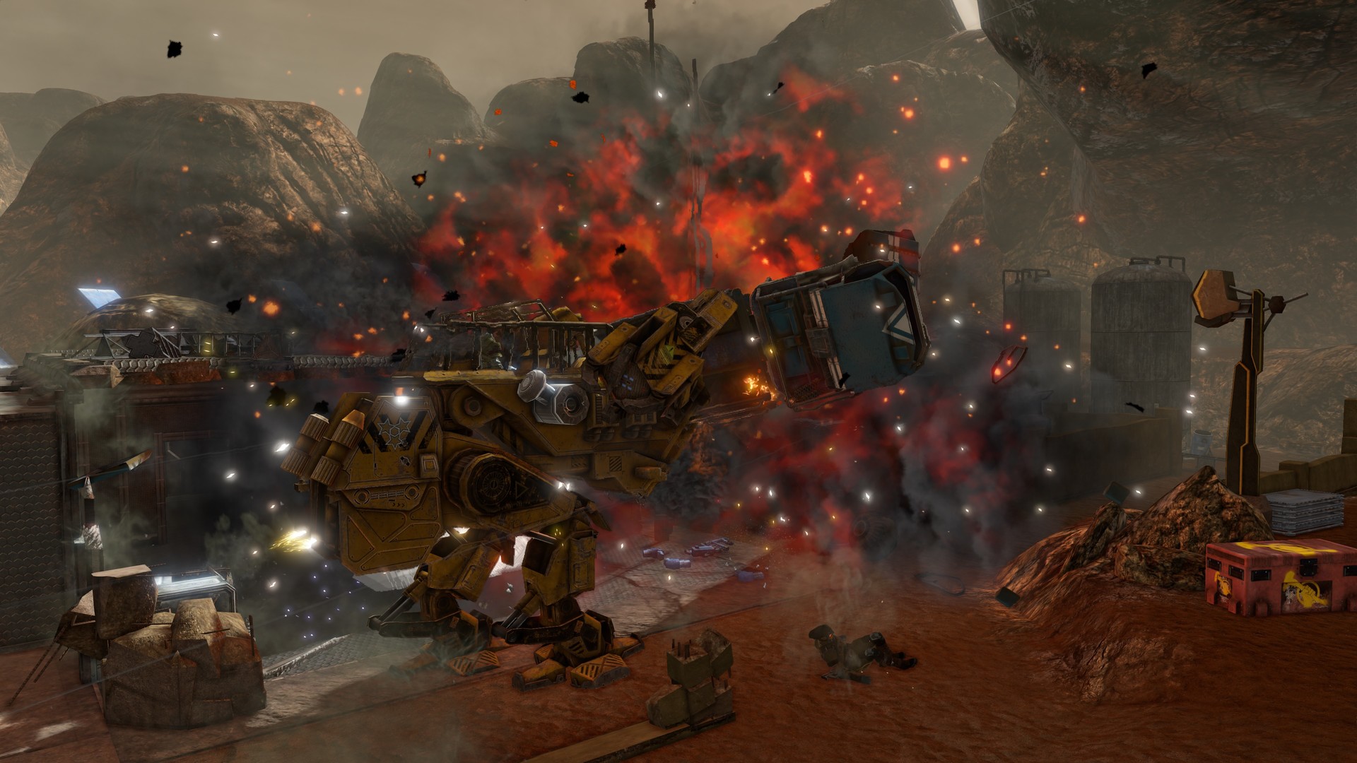 A heavy machine stands amid explosions on the Martian surface.