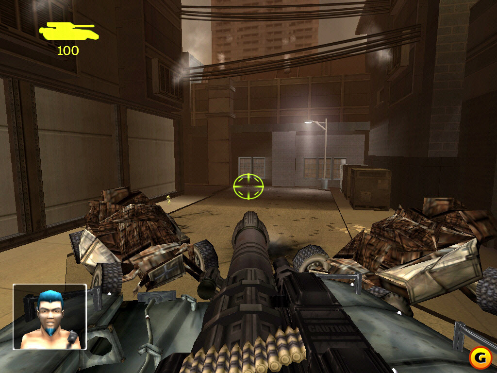 A mounted weapon points down an industrial corridor.