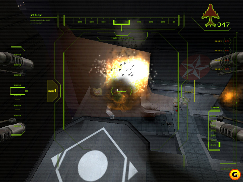 An aircraft weapon targets a bright explosion below.