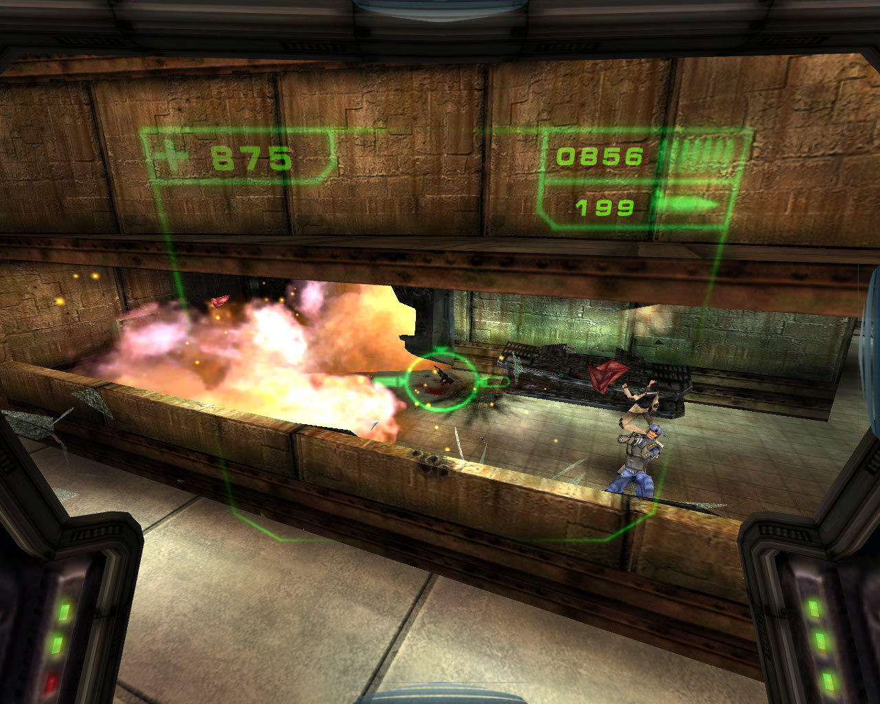 A first-person weapon fires into a mine control area.