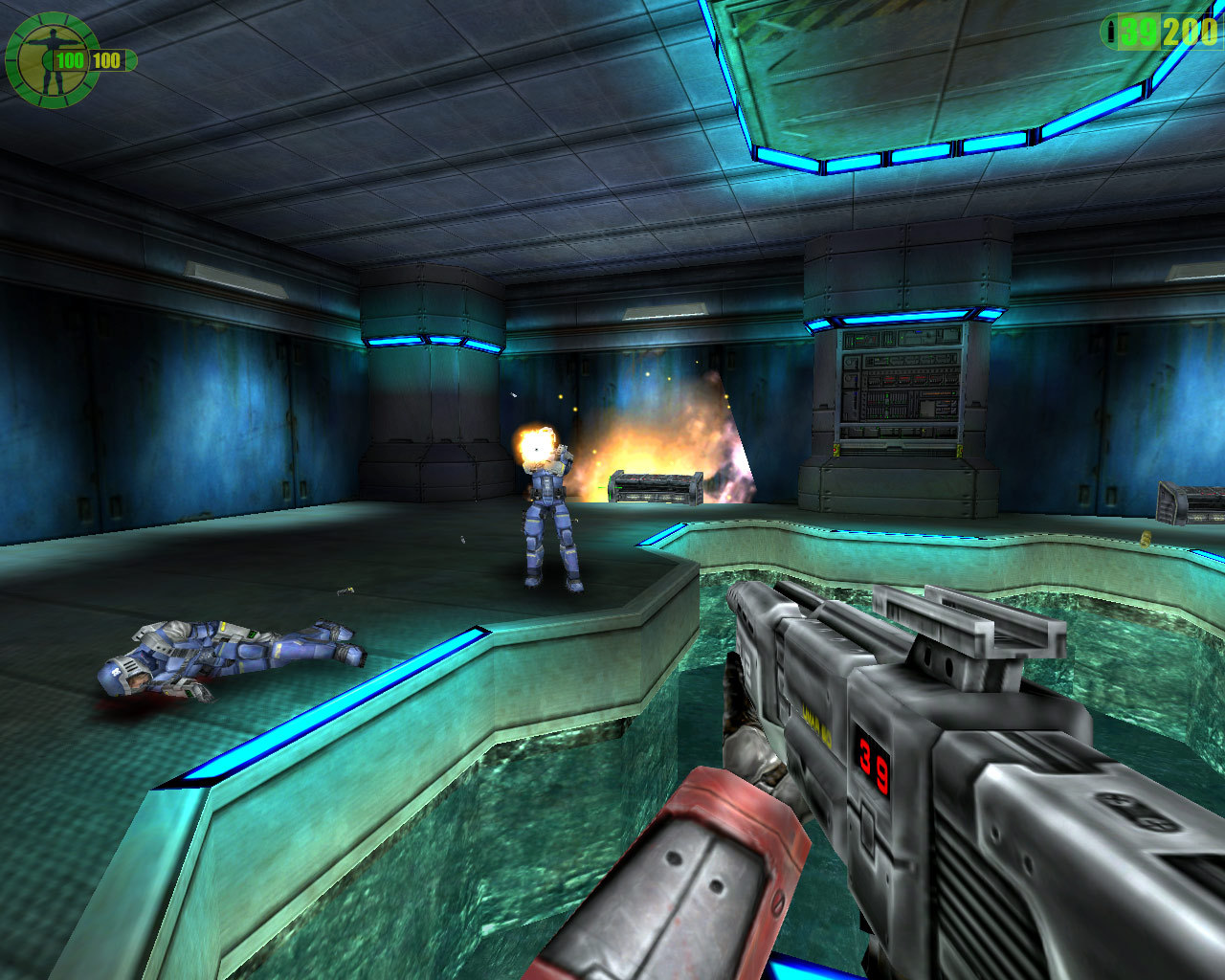 A guard exchanges fire with the player inside a blue-lit room.