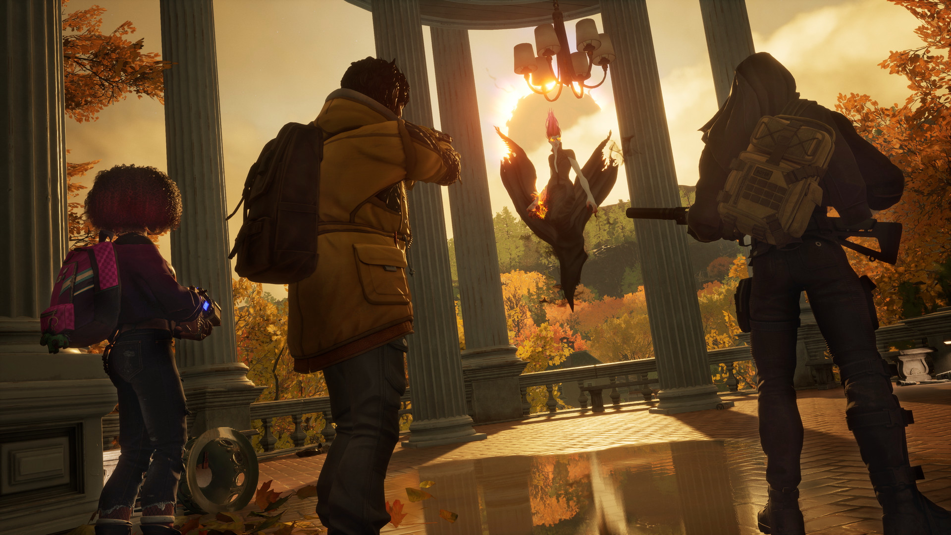 Armed characters confront a figure inside a sunlit building.