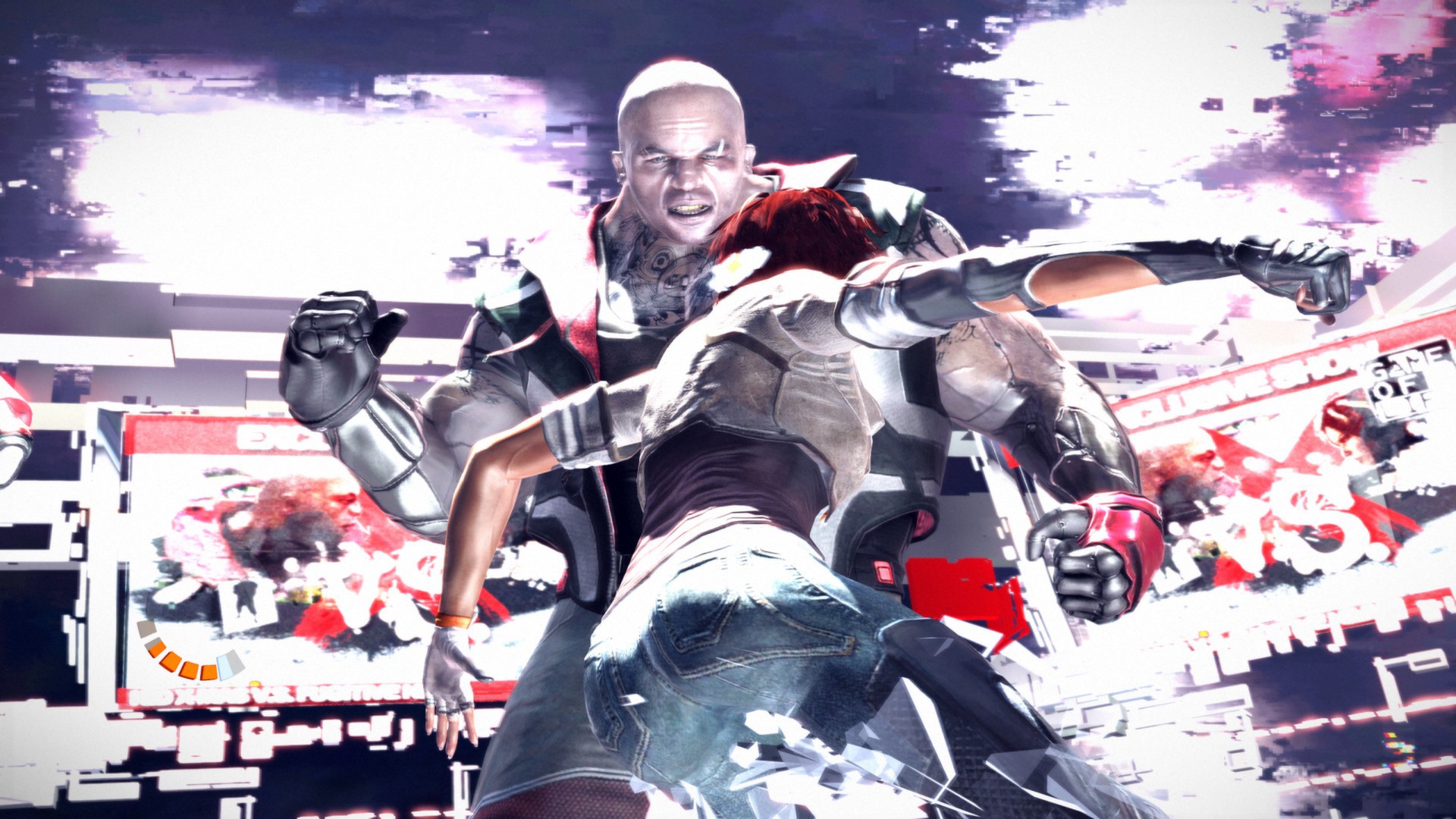 Nilin confronts an armoured opponent amid a distorted digital scene.