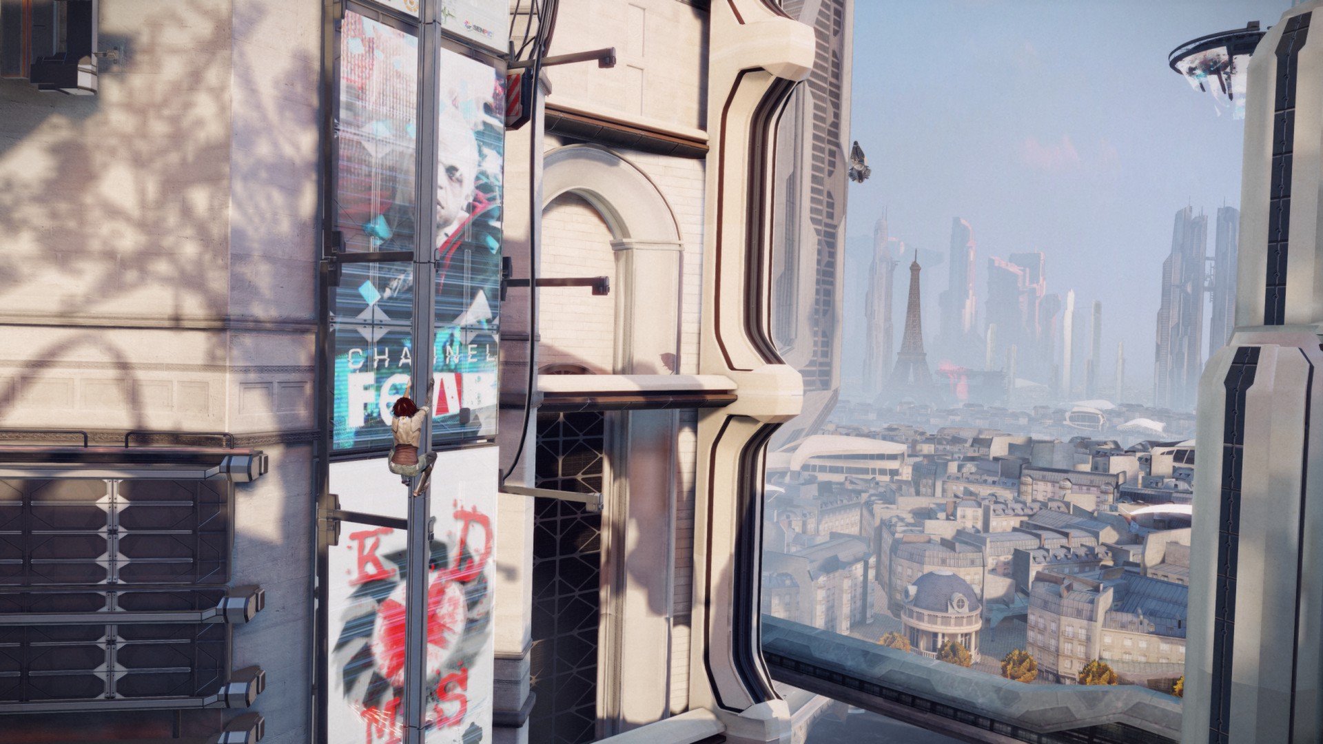 A character climbs the side of a building above Neo-Paris.