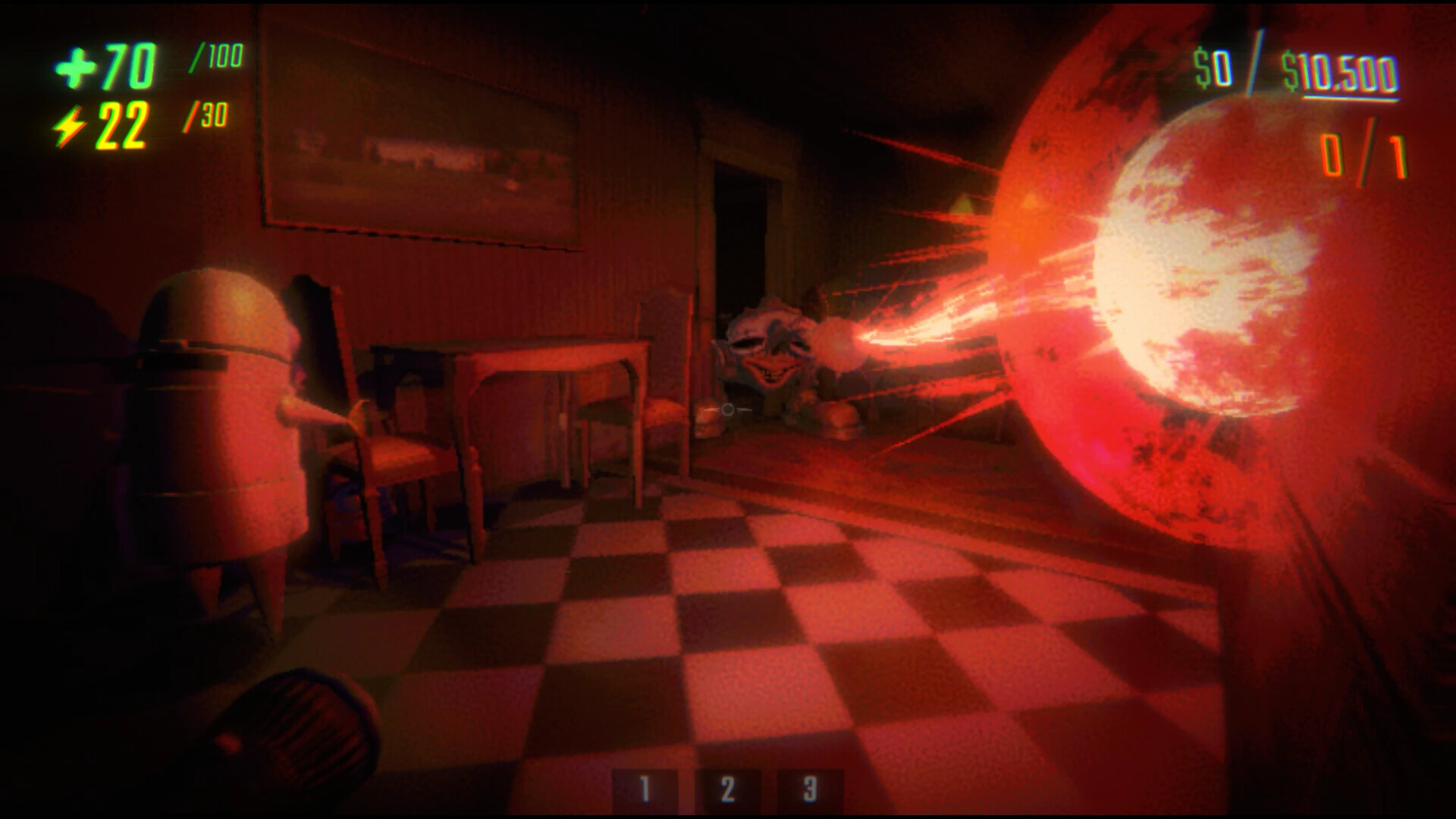 A bright red impact fills a tiled room during play.
