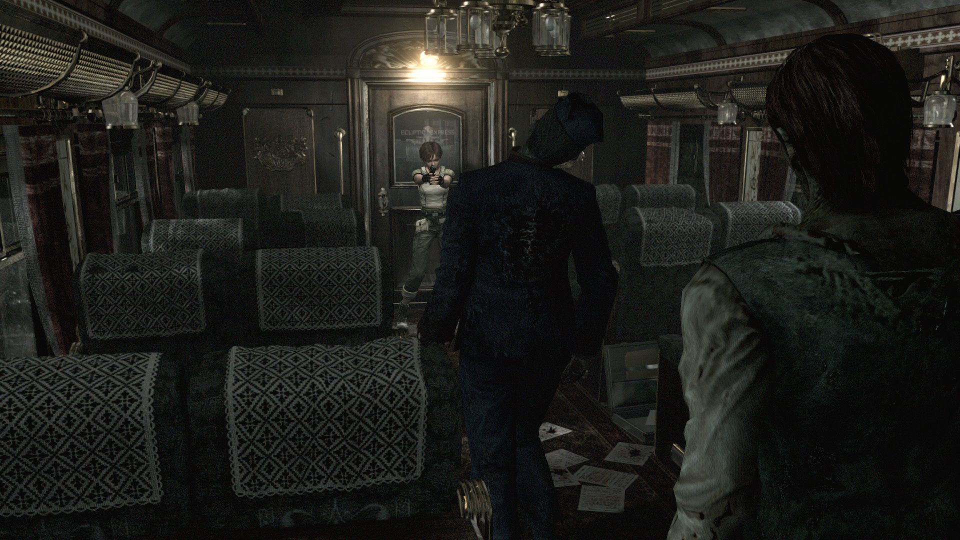 Rebecca and Billy search a damaged train carriage.