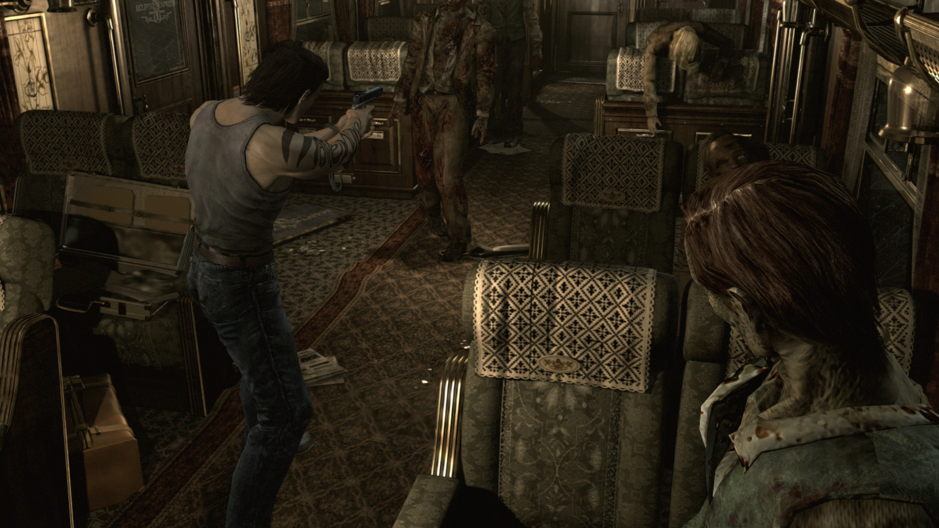 Billy aims his handgun at a creature inside the train.